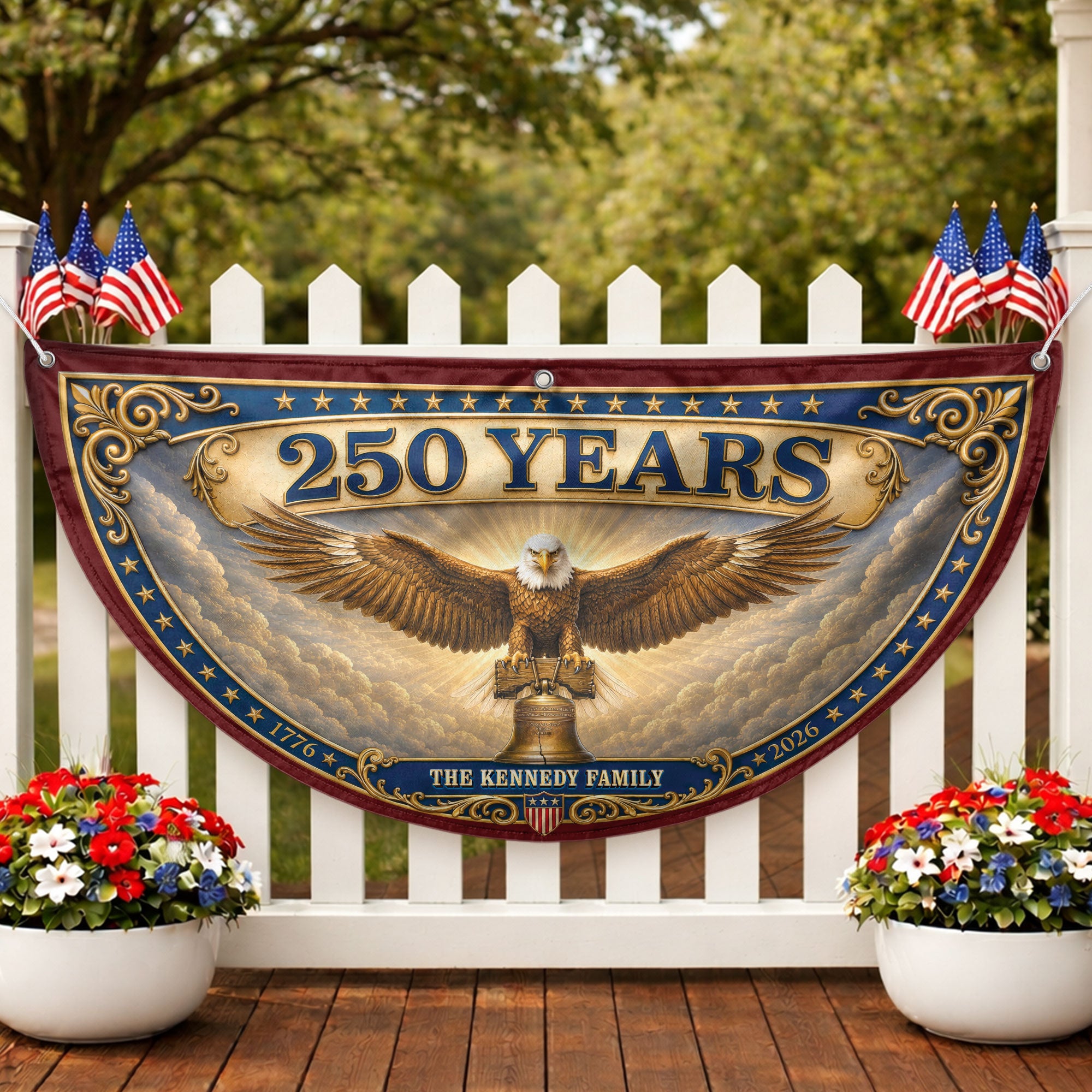 Custom Family Name 250 Years United States Patriot Eagle Liberty Bell Fence Flag