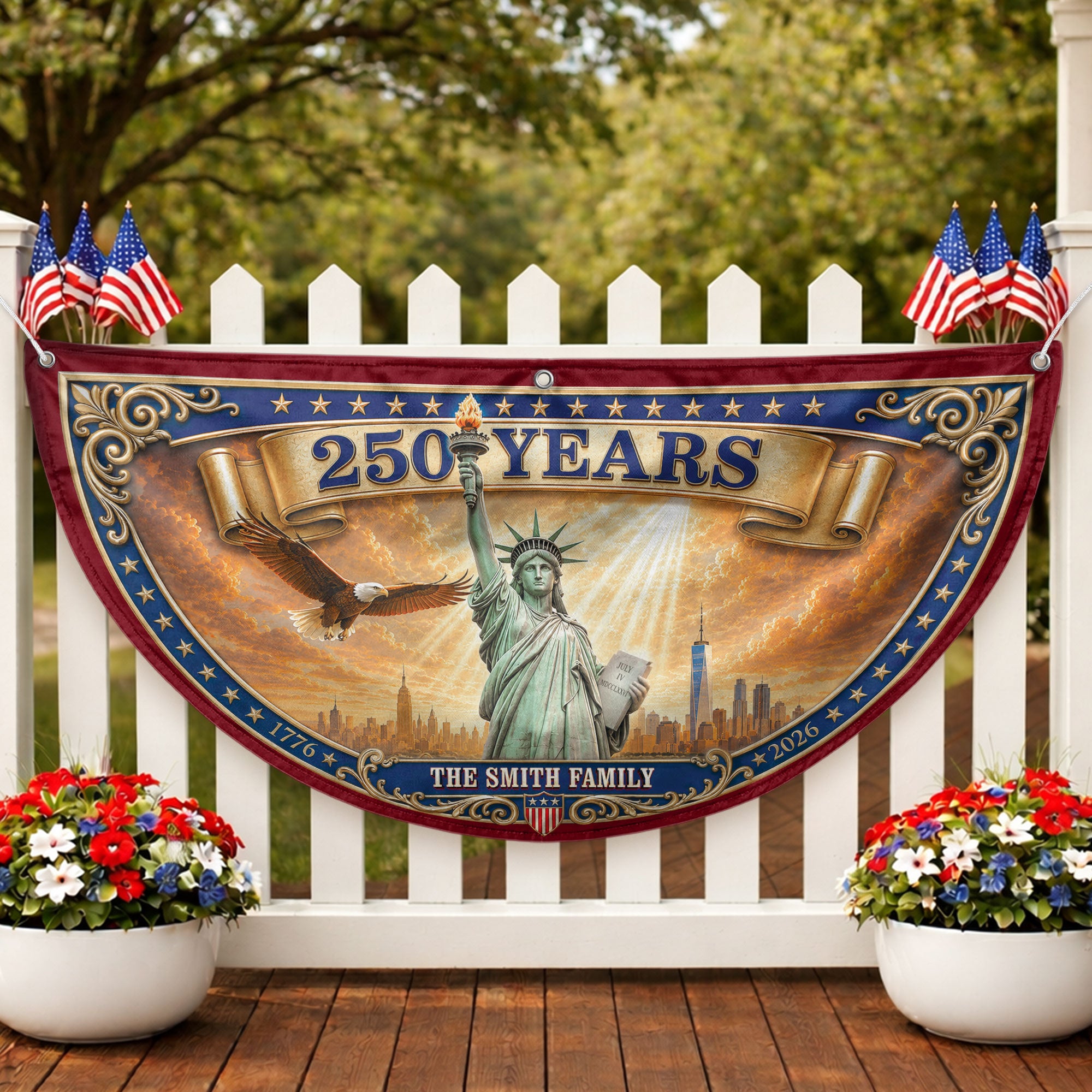 Custom Family Name 250 Years United States Patriot Statue of Liberty Bunting Fence Flag
