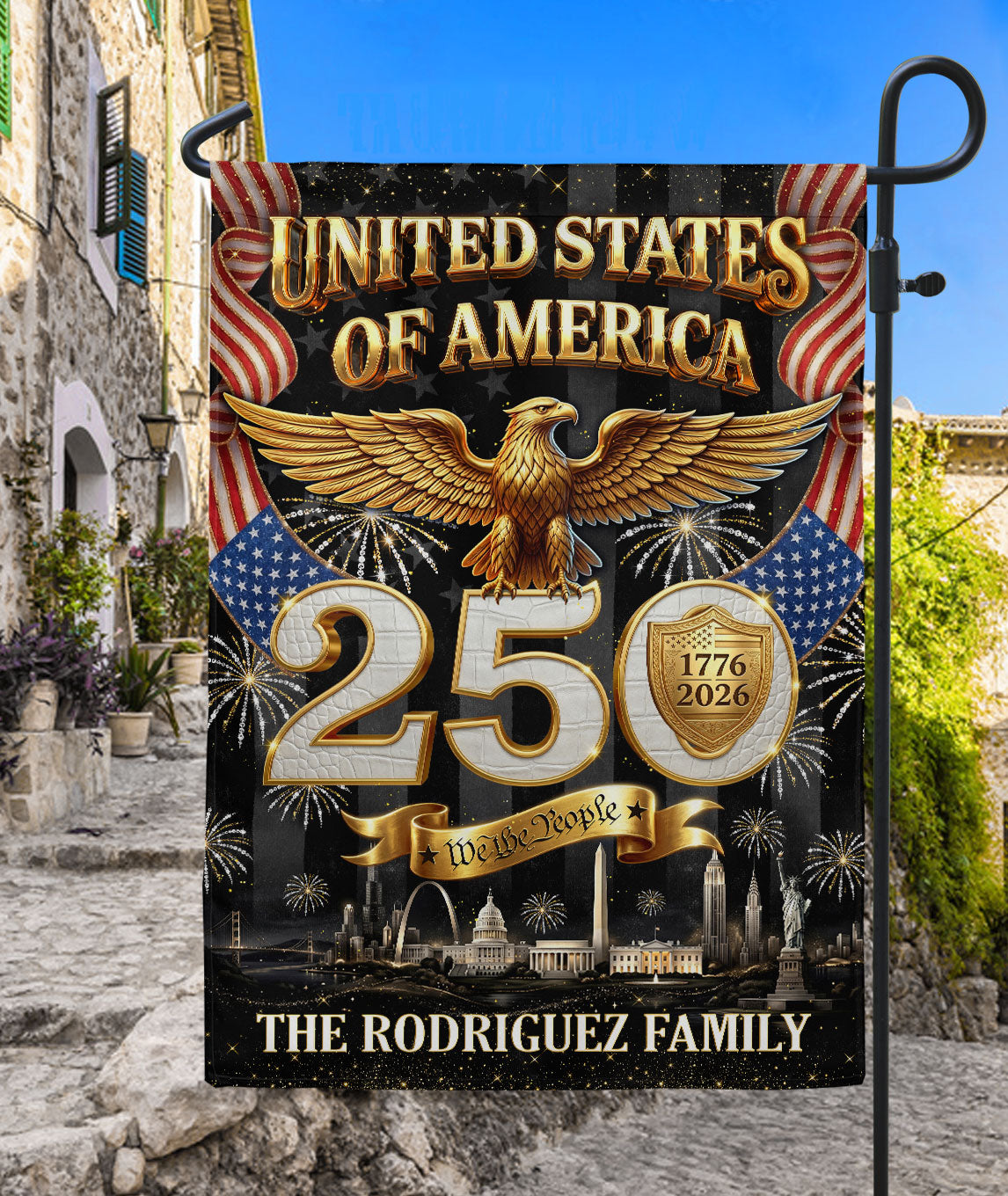 Custom Family Name United States 1776-2026 Patriot Eagle Skyline Garden Flag Banner