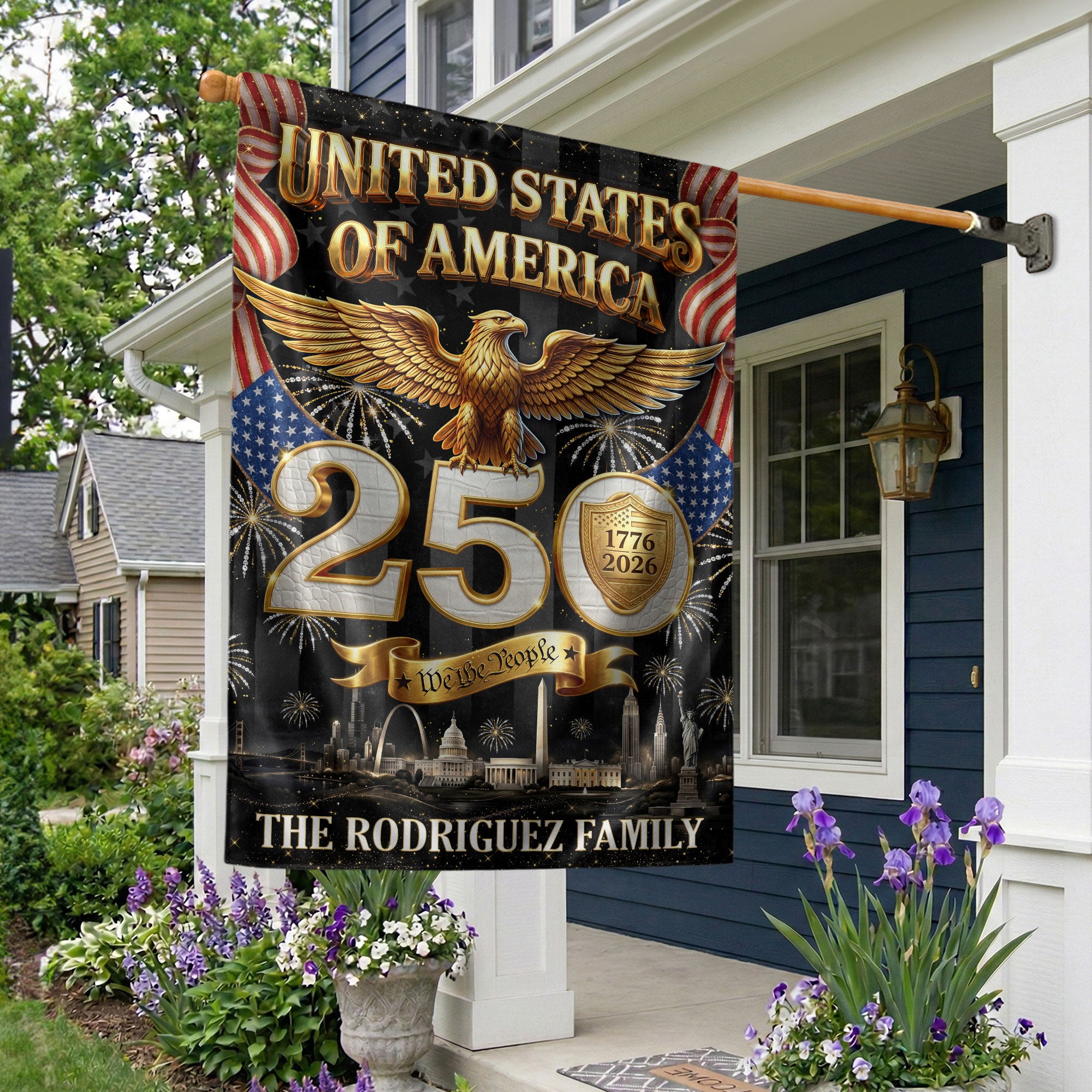 Custom Family Name United States 1776-2026 Patriot Eagle Skyline Garden Flag Banner