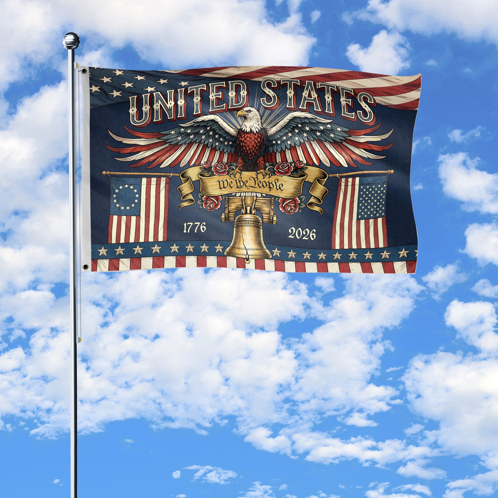 United States 1776-2026 Anniversary Flag Liberty Bell Bald Eagle We The People Banner