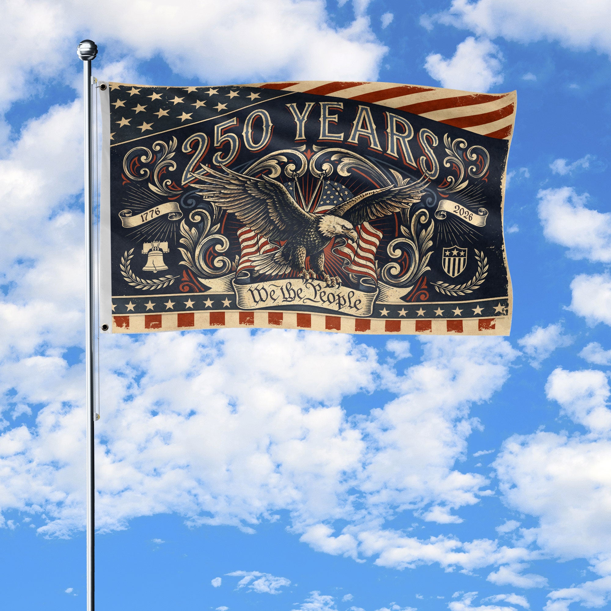250 Years We The People Flag 1776-2026 Vintage American Eagle Liberty Bell Banner