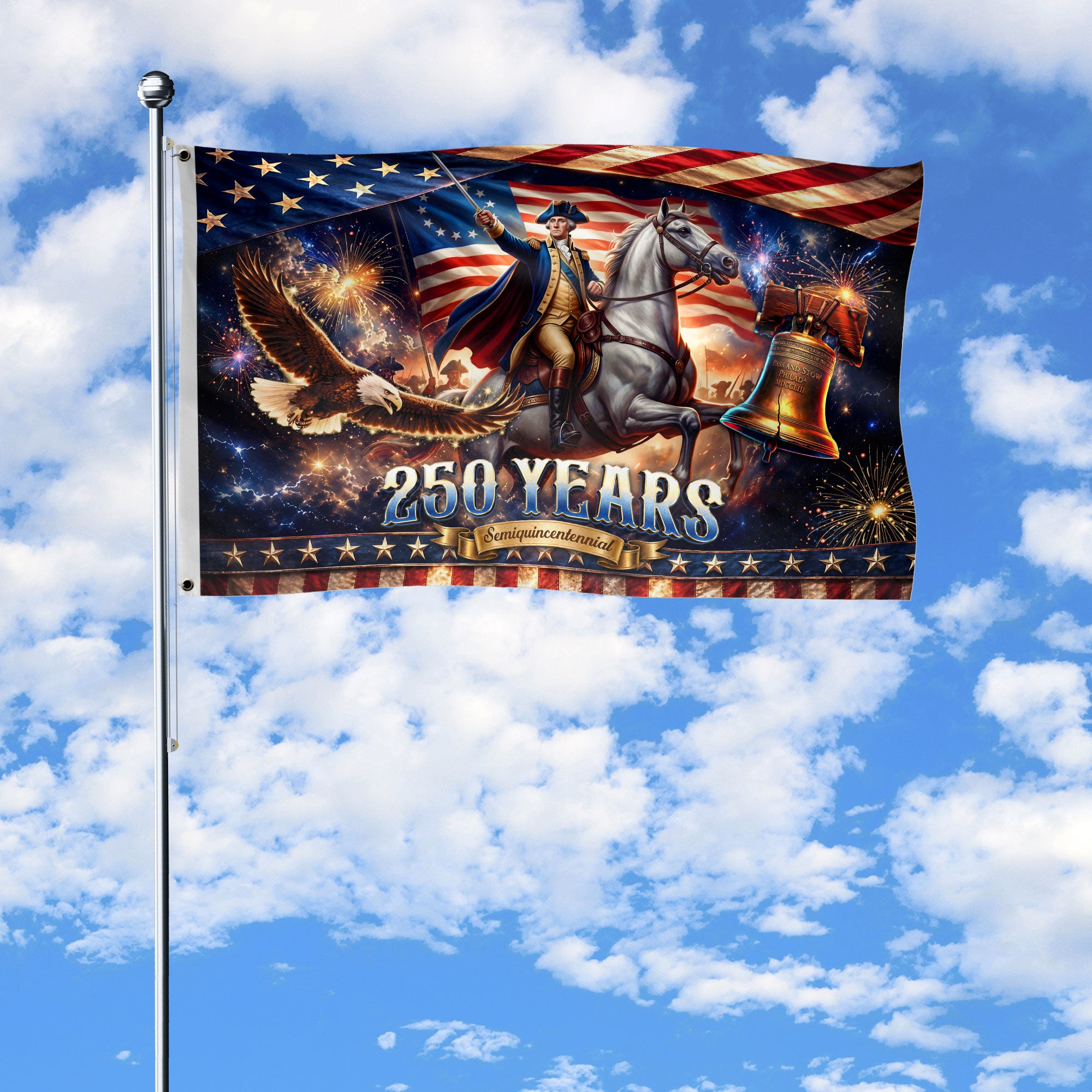 United States 250 Years Flag George Washington Liberty Bell Eagle Patriotic US Banner