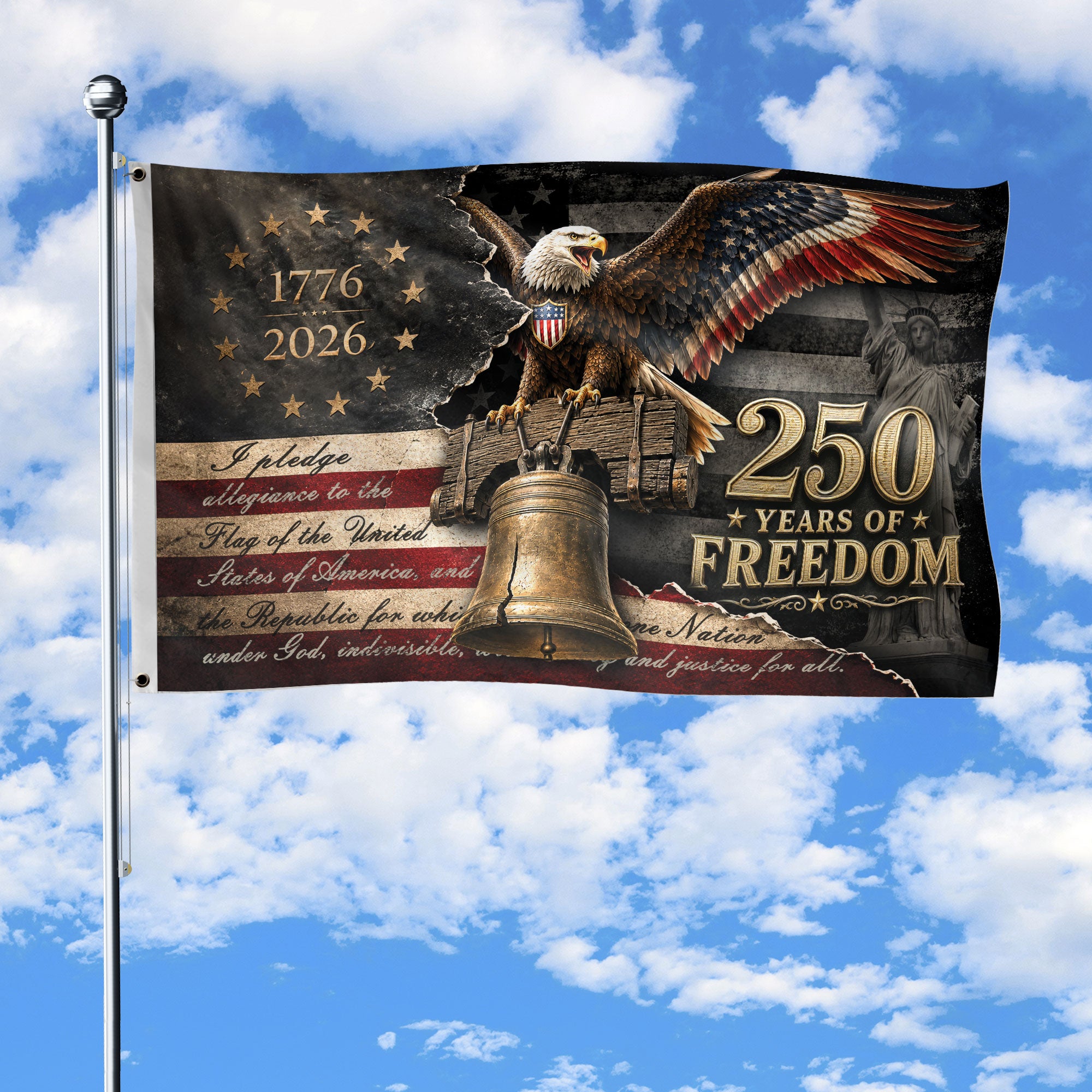 Commemorative 250 Years of Freedom Flag 1776-2026 Bald Eagle Liberty Bell Patriotic US Banner