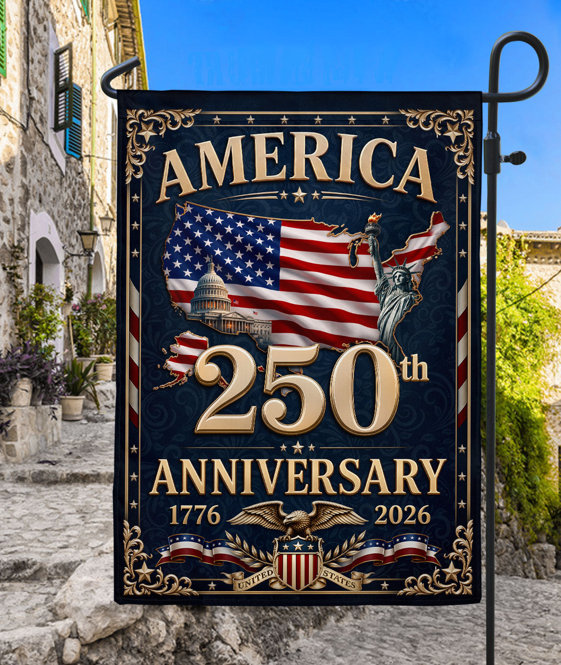 America 250th Anniversary House Flag - USA Map & Patriotic Icons Commemorative Banner