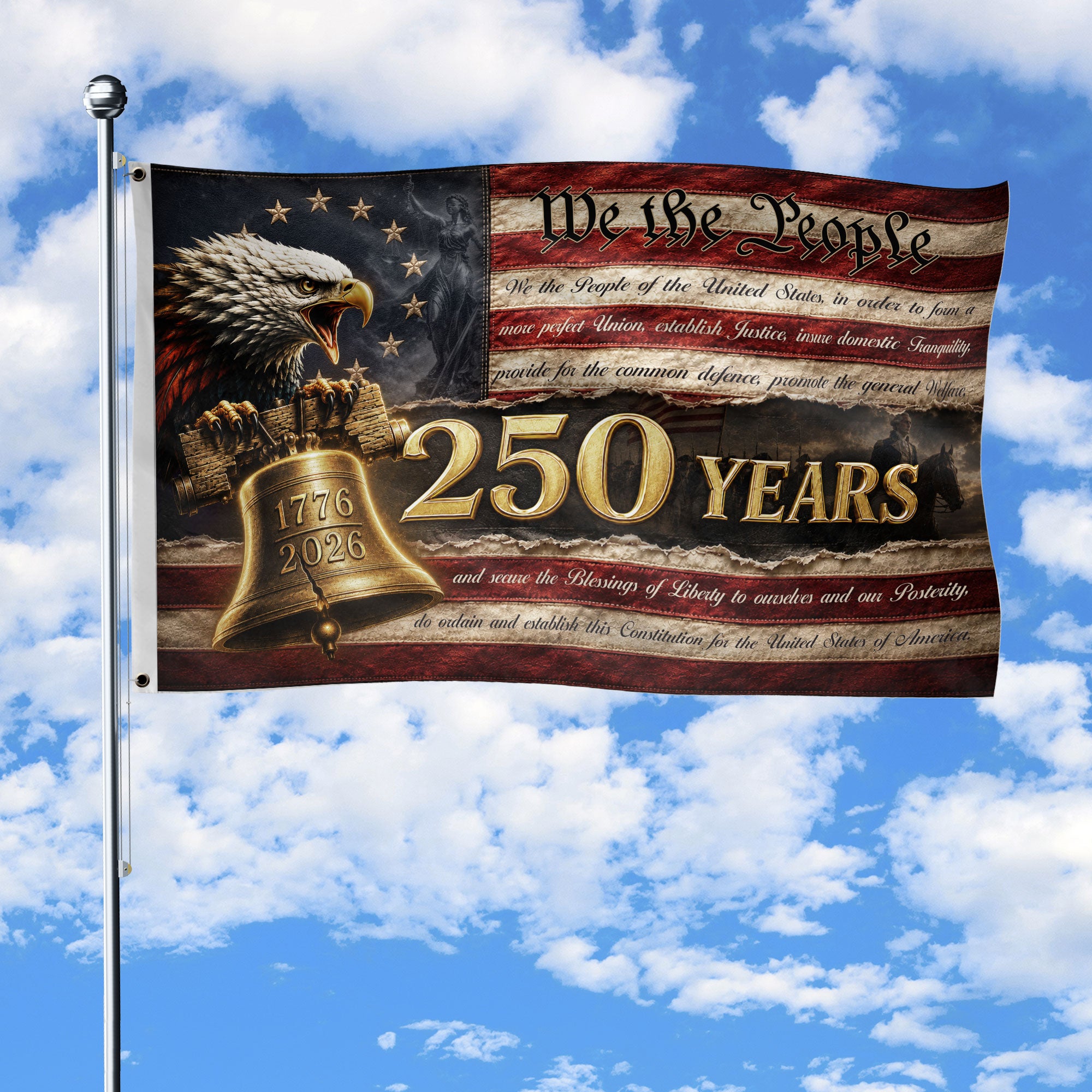 250 Years We The People Flag 1776-2026 Constitution Liberty Bell Eagle Patriotic Banner - Rust Field Wear