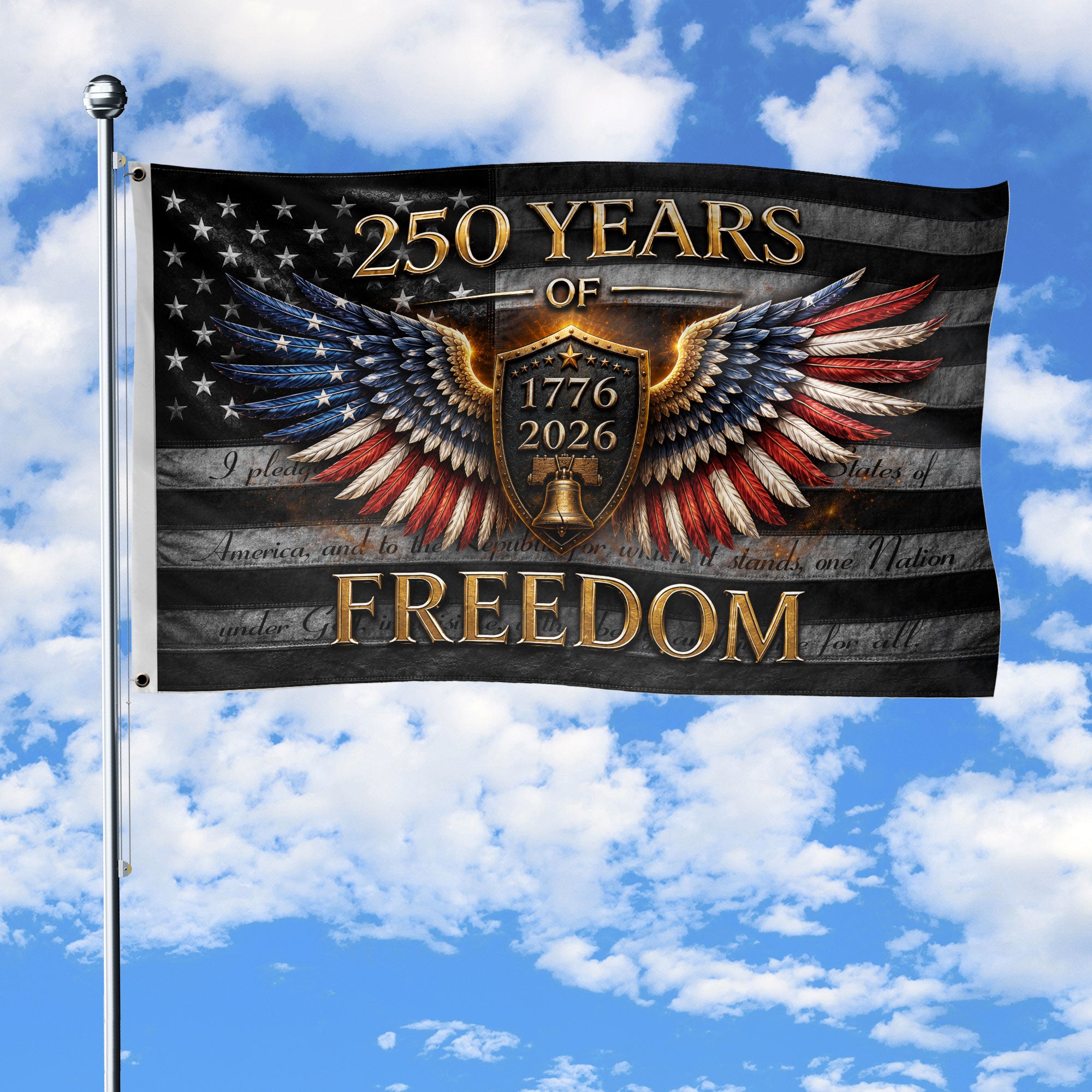 250 Years of Freedom Flag 1776-2026 Patriotic Eagle Wings Shield Liberty Bell Banner