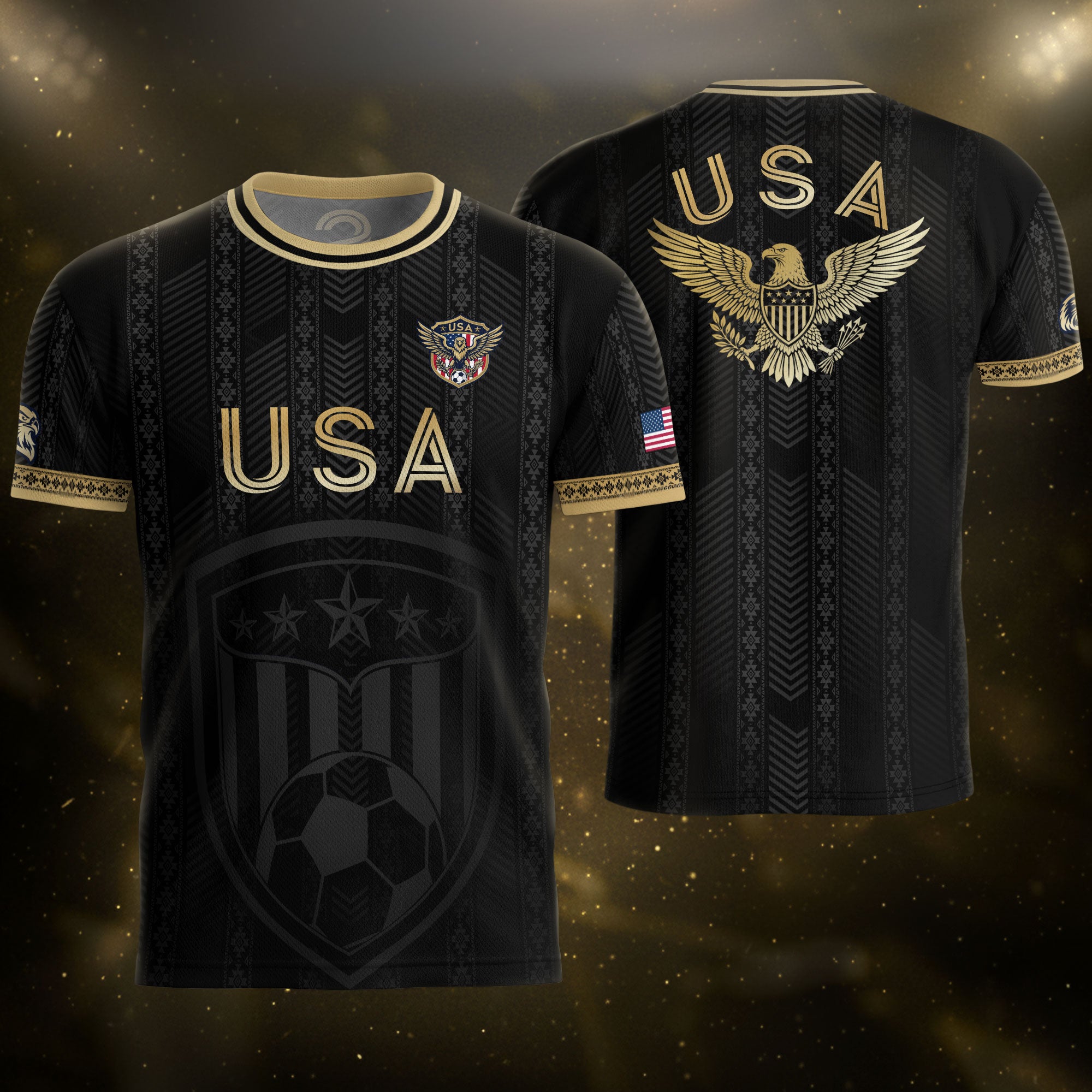 USA Soccer Jersey Patriotic American Eagle Black Gold Shield Football Shirt Men Women Gear upsale