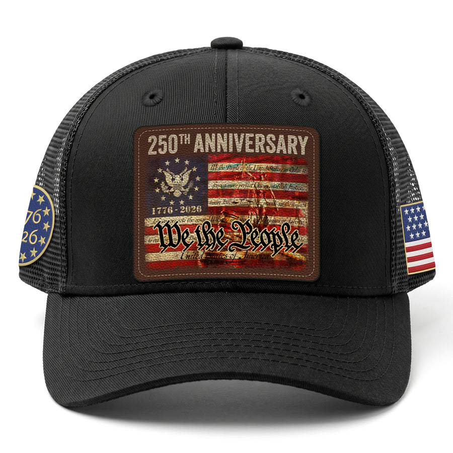 US 250th Anniversary Leather Patch Hat We The People Constitution Trucker Cap