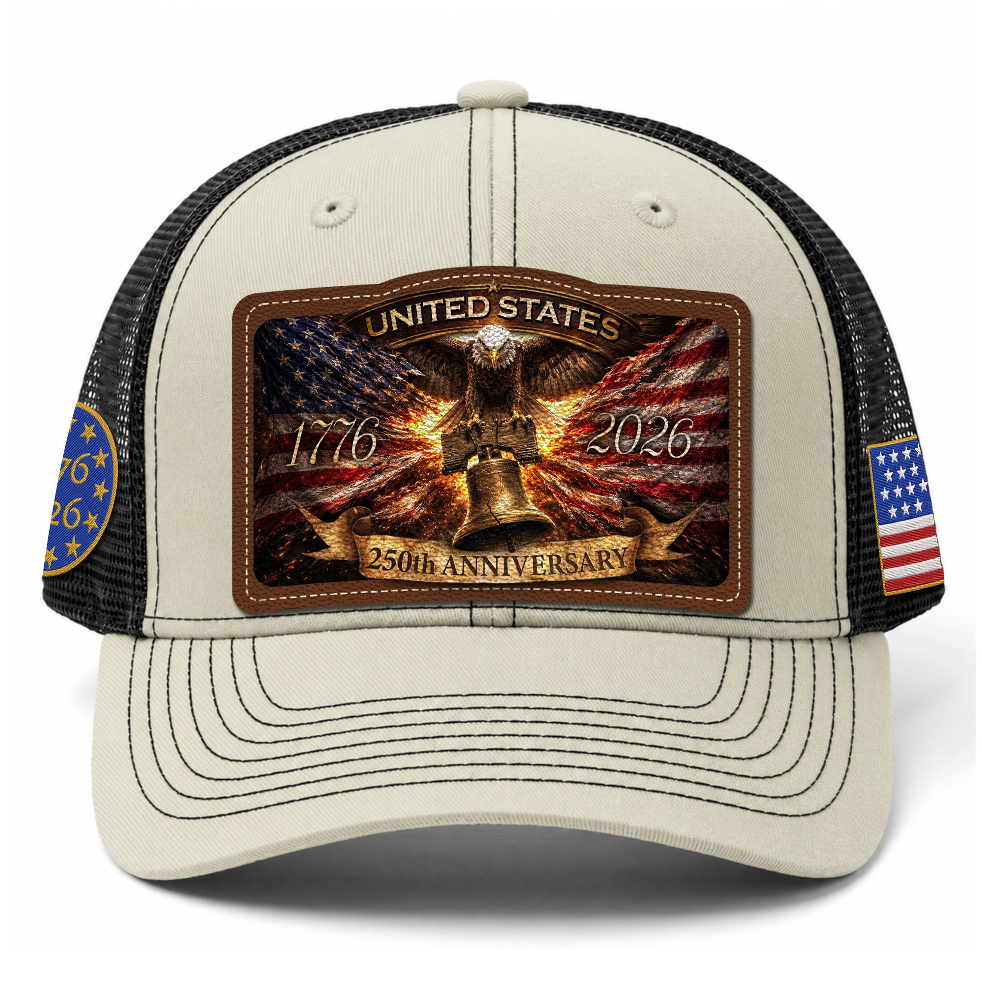 US 250th Anniversary Leather Patch Hat Liberty Bell Eagle Off White Trucker Cap