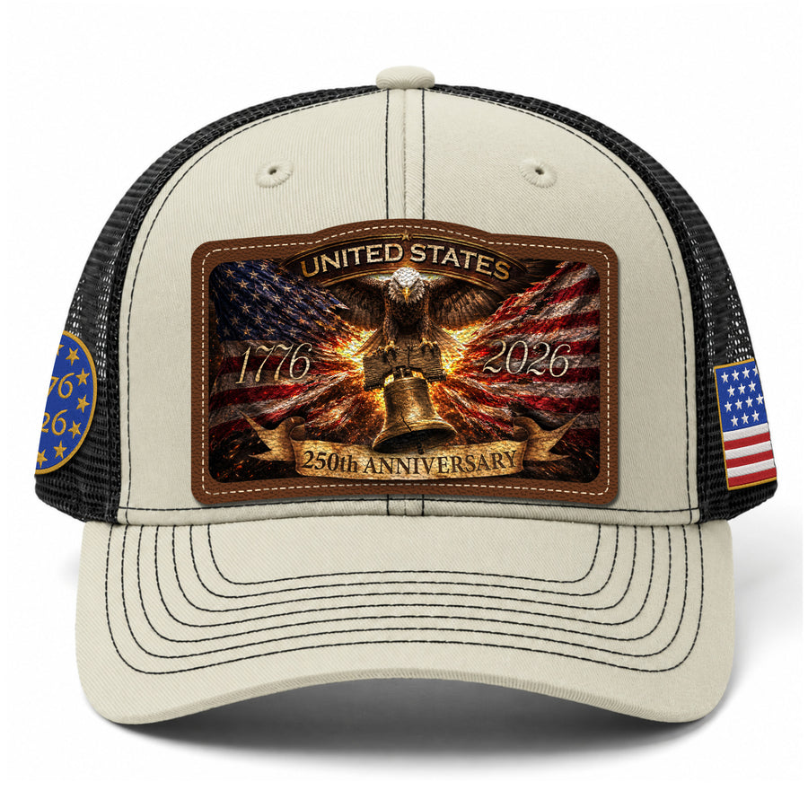 US 250th Anniversary Leather Patch Hat Liberty Bell Eagle Off White Trucker Cap