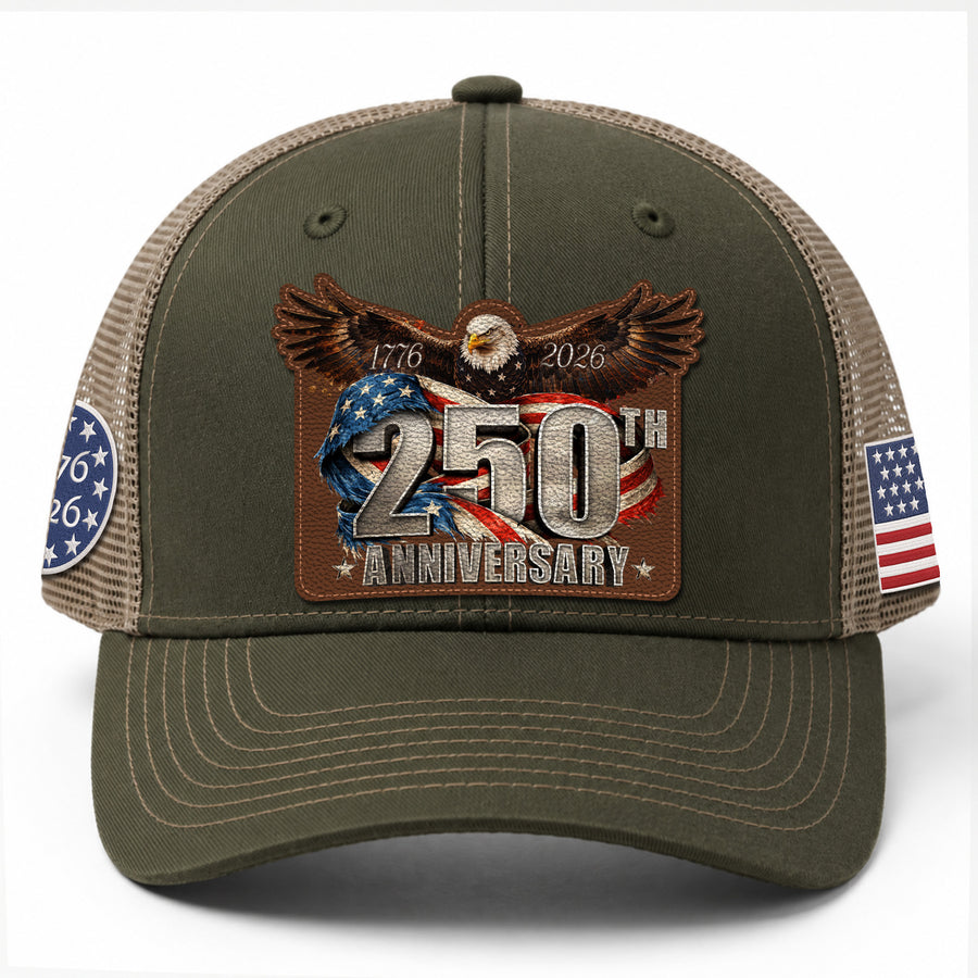 US 250th Anniversary Leather Patch Hat Patriotic Eagle Trucker Cap