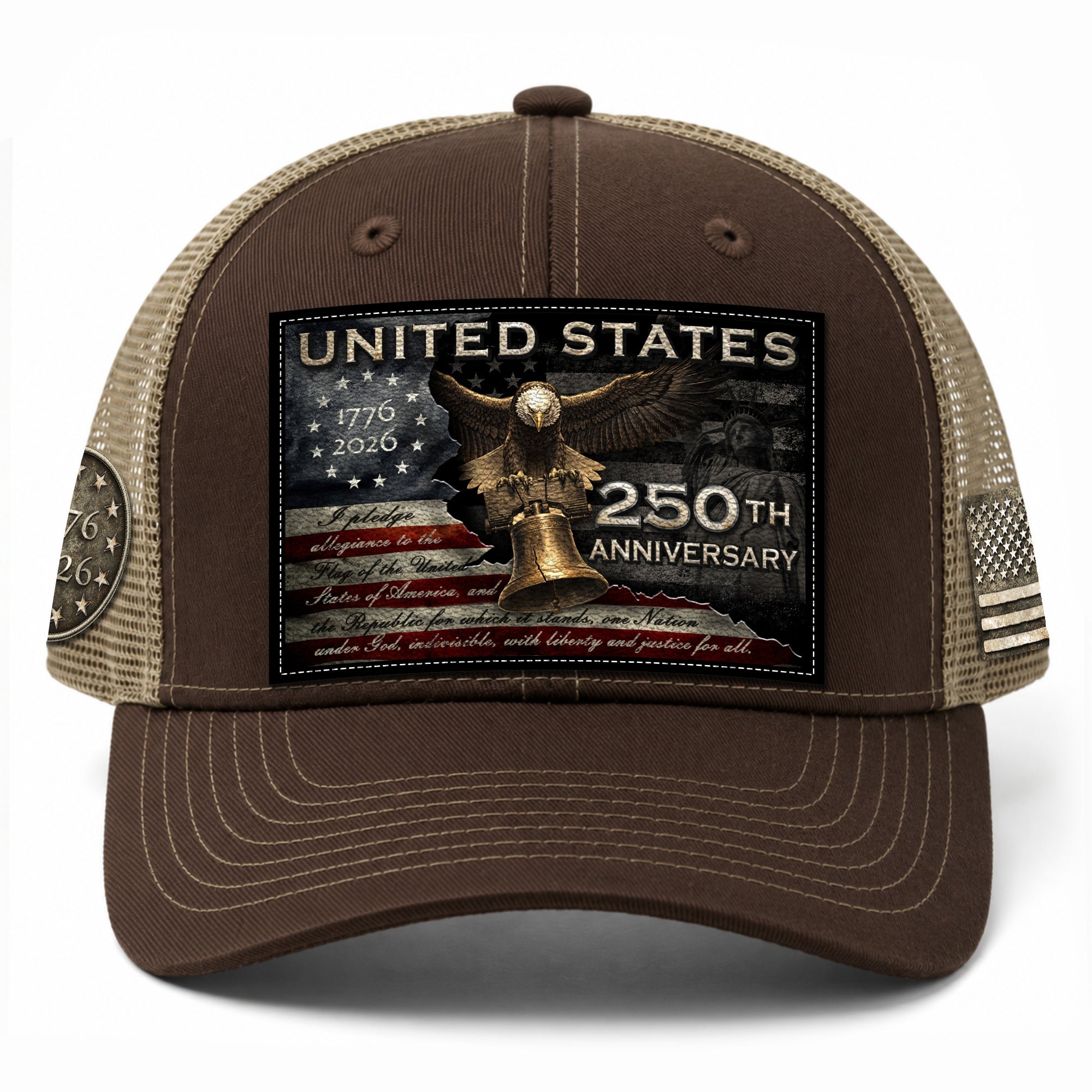 US 250th Anniversary Hat Pledge of Allegiance Liberty Bell Brown Trucker Cap