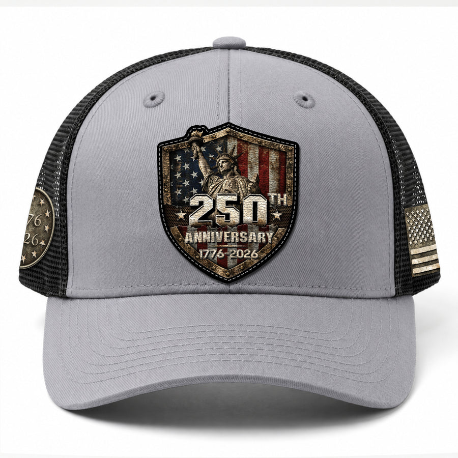 US 250th Anniversary Trucker Hat Vintage Liberty Shield Gray Leather Patch Cap