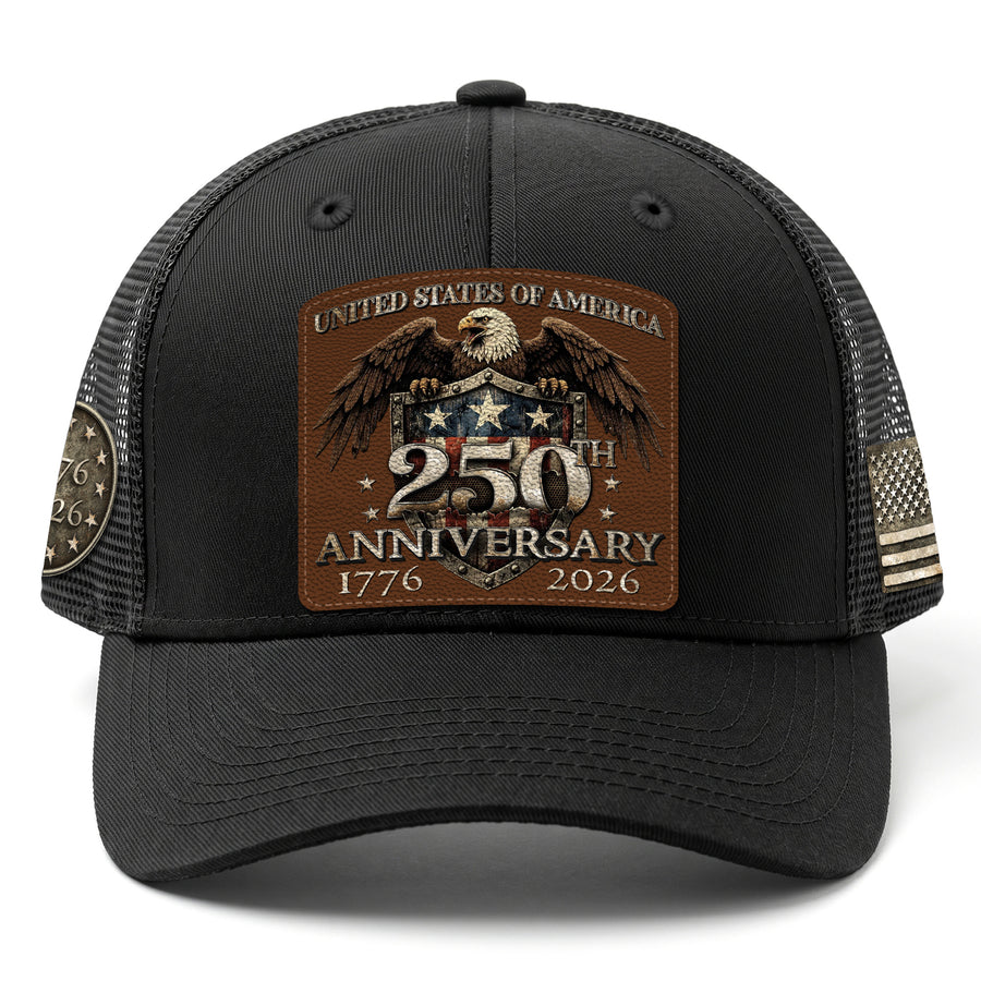 US 250th Anniversary Leather Patch Hat Patriotic Eagle Shield Black Trucker Cap