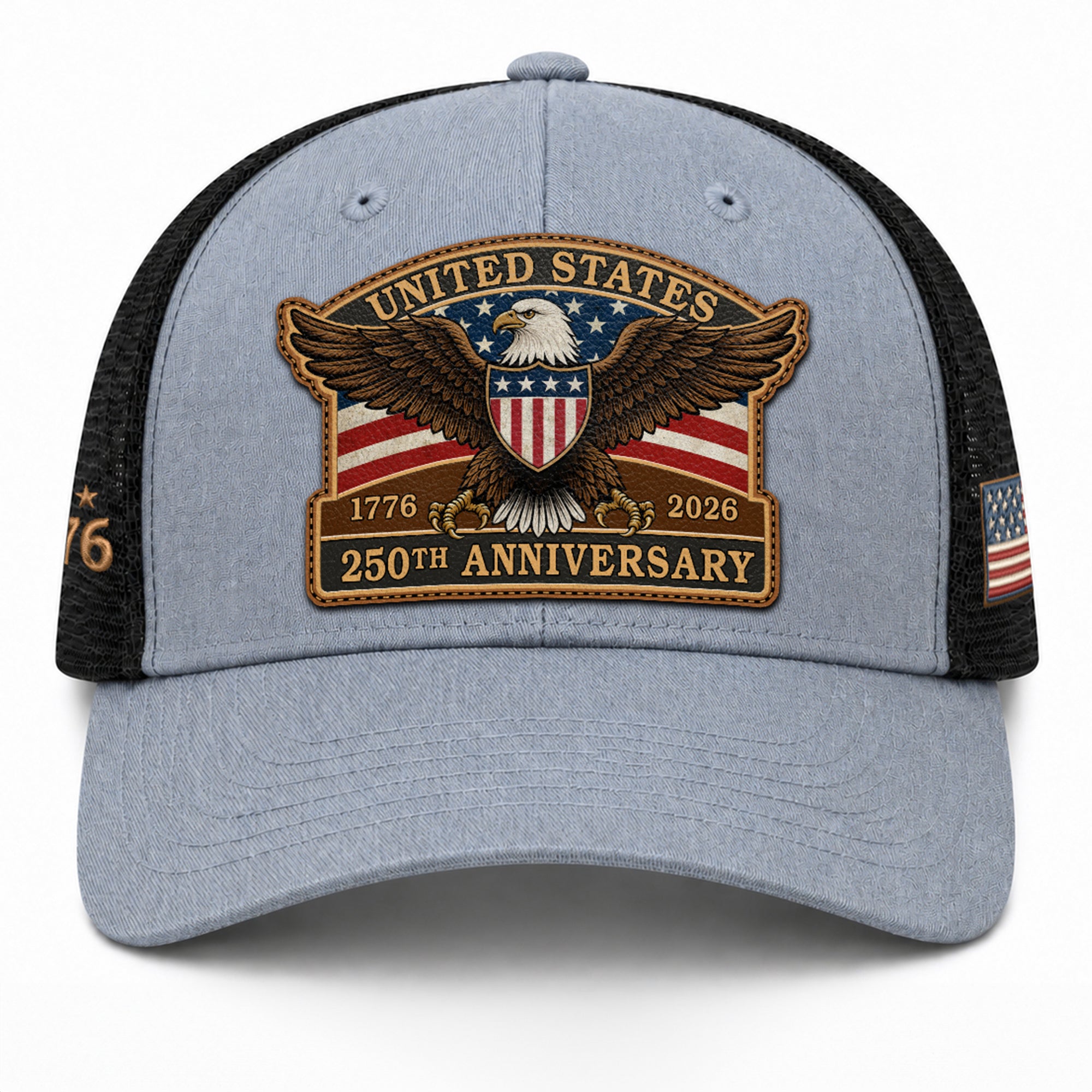 US 250th Anniversary Leather Patch Hat Patriotic Eagle Shield Trucker Cap