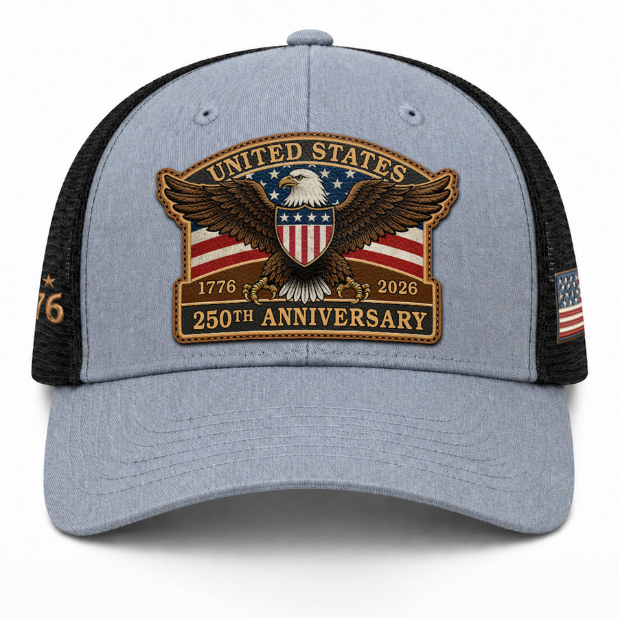 US 250th Anniversary Leather Patch Hat Patriotic Eagle Shield Trucker Cap