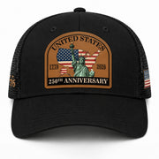 US 250th Anniversary Leather Patch Hat Statue of Liberty Black Trucker Cap