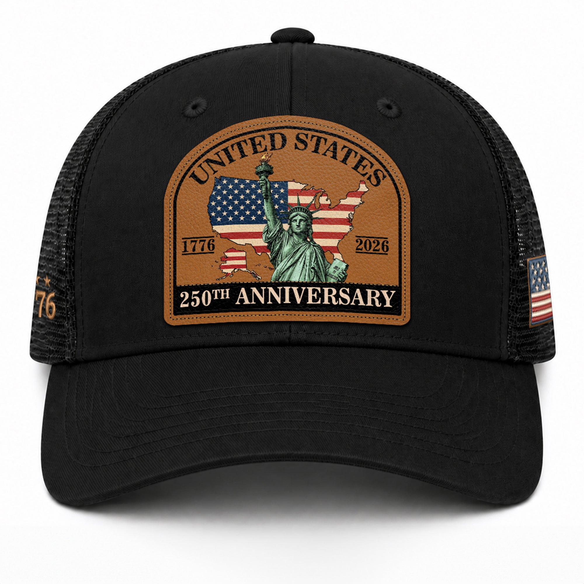 US 250th Anniversary Leather Patch Hat Statue of Liberty Black Trucker Cap