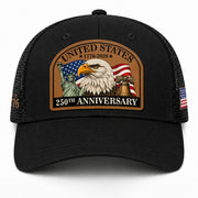US 250th Anniversary Leather Patch Hat Patriotic Eagle Liberty Black Trucker Cap
