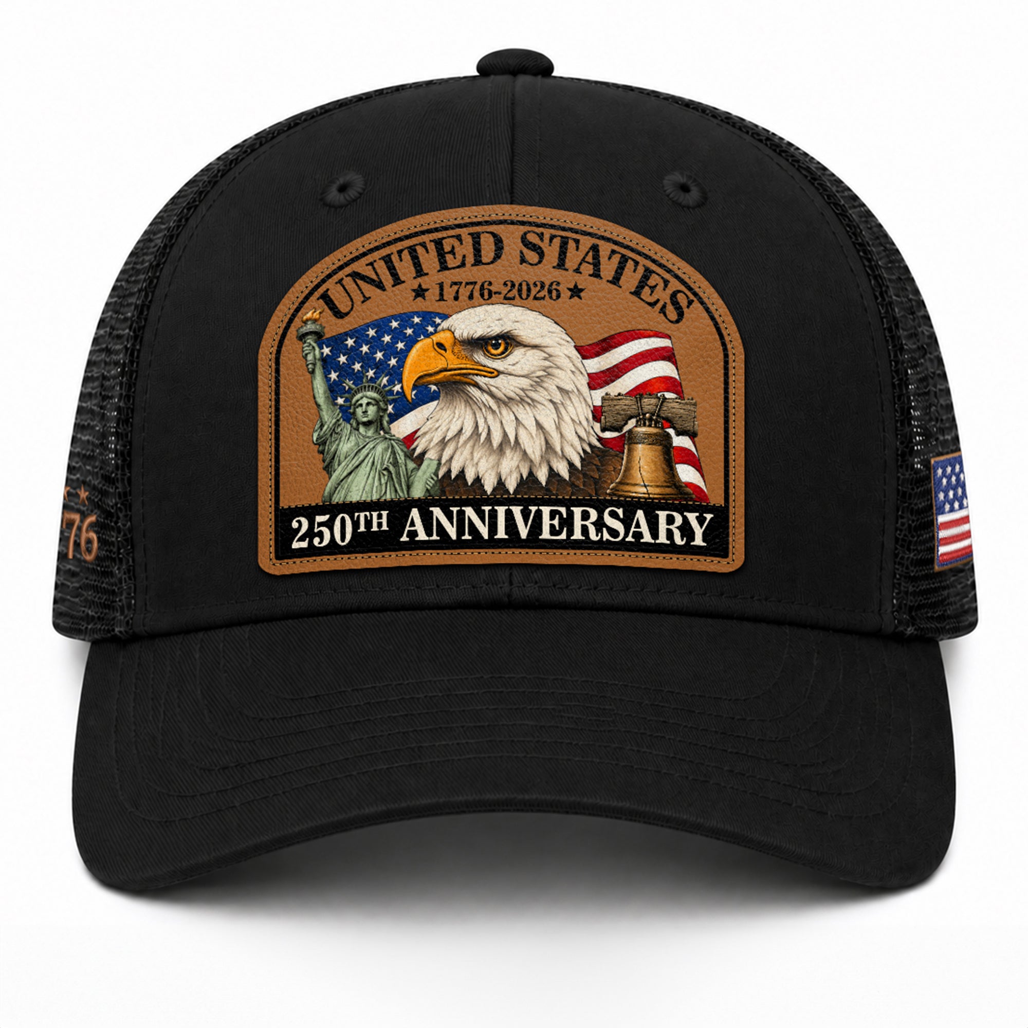 US 250th Anniversary Leather Patch Hat Patriotic Eagle Liberty Black Trucker Cap