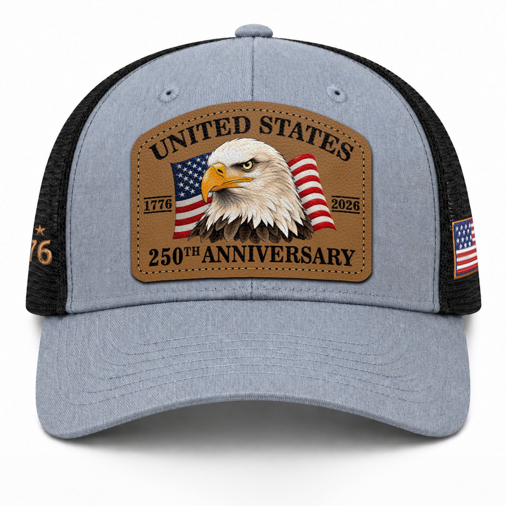 US 250th Anniversary Trucker Hat Patriotic American Eagle Leather Patch Gray Cap