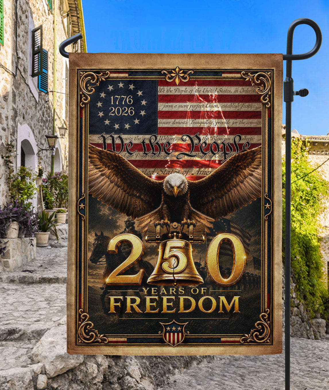 USA 250th Anniversary House Flag Patriotic Bald Eagle We the People Liberty Icons Banner