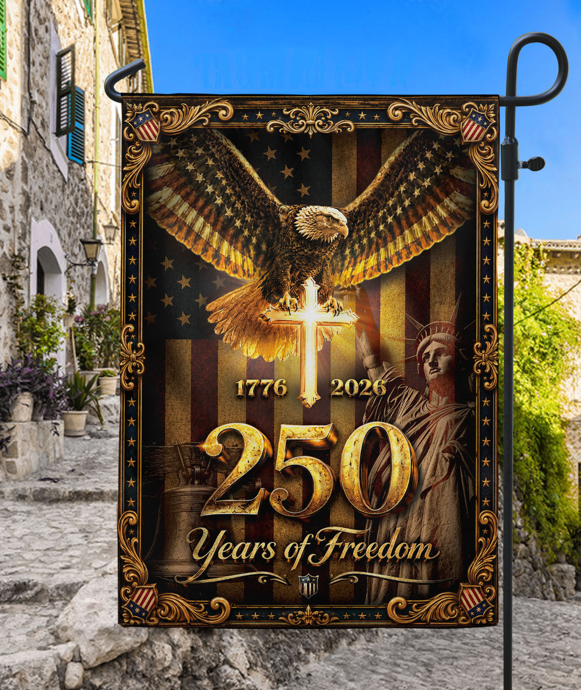1776-2026 Christian Cross Eagle Statue of Liberty House Flag 250 Years Banner Decor