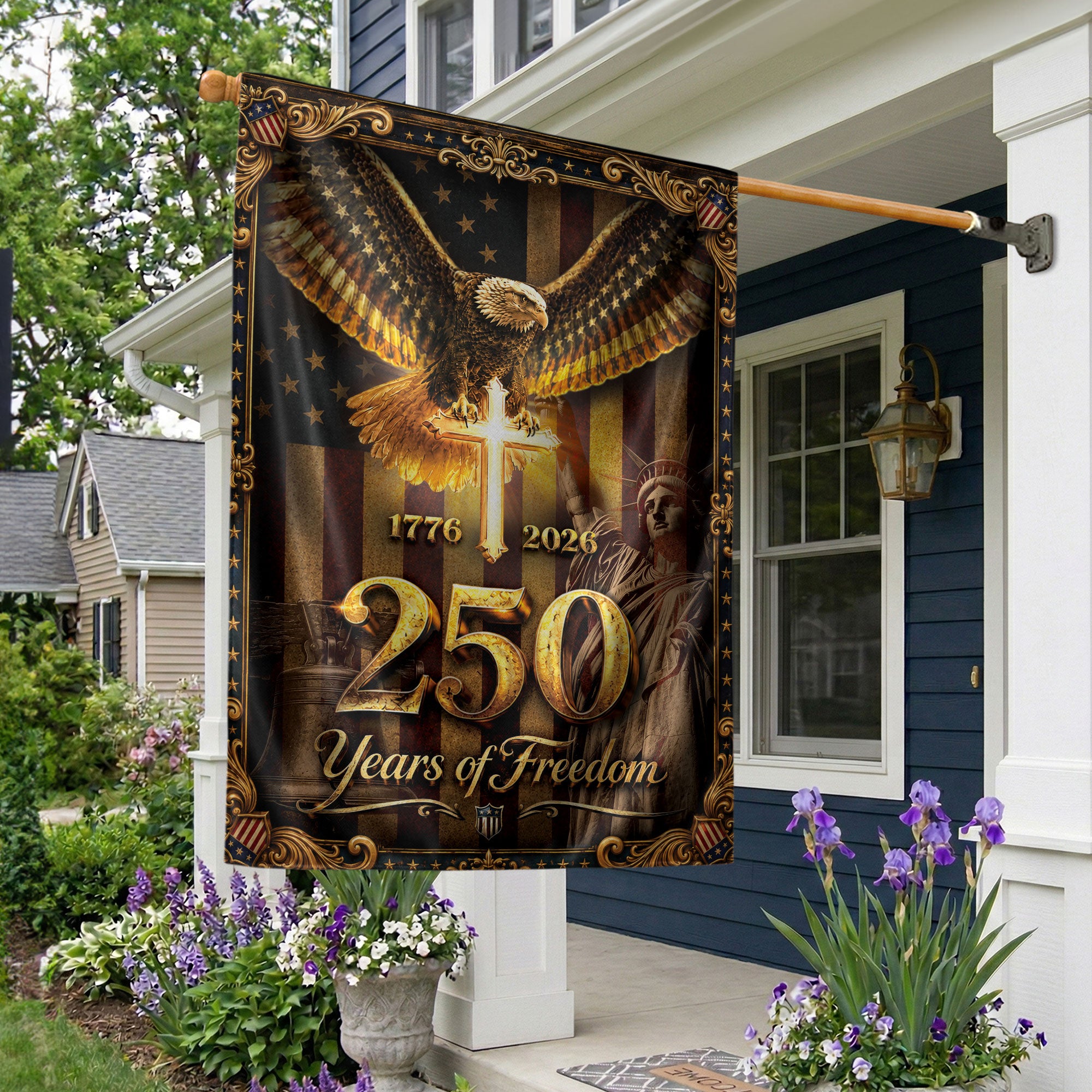 1776-2026 Christian Cross Eagle Statue of Liberty House Flag 250 Years Banner Decor