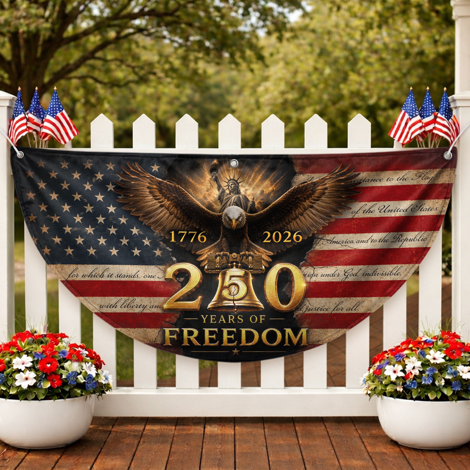 250th Anniversary US Fence Flag 1776-2026 Patriotic Statue of Liberty Outdoor Banner