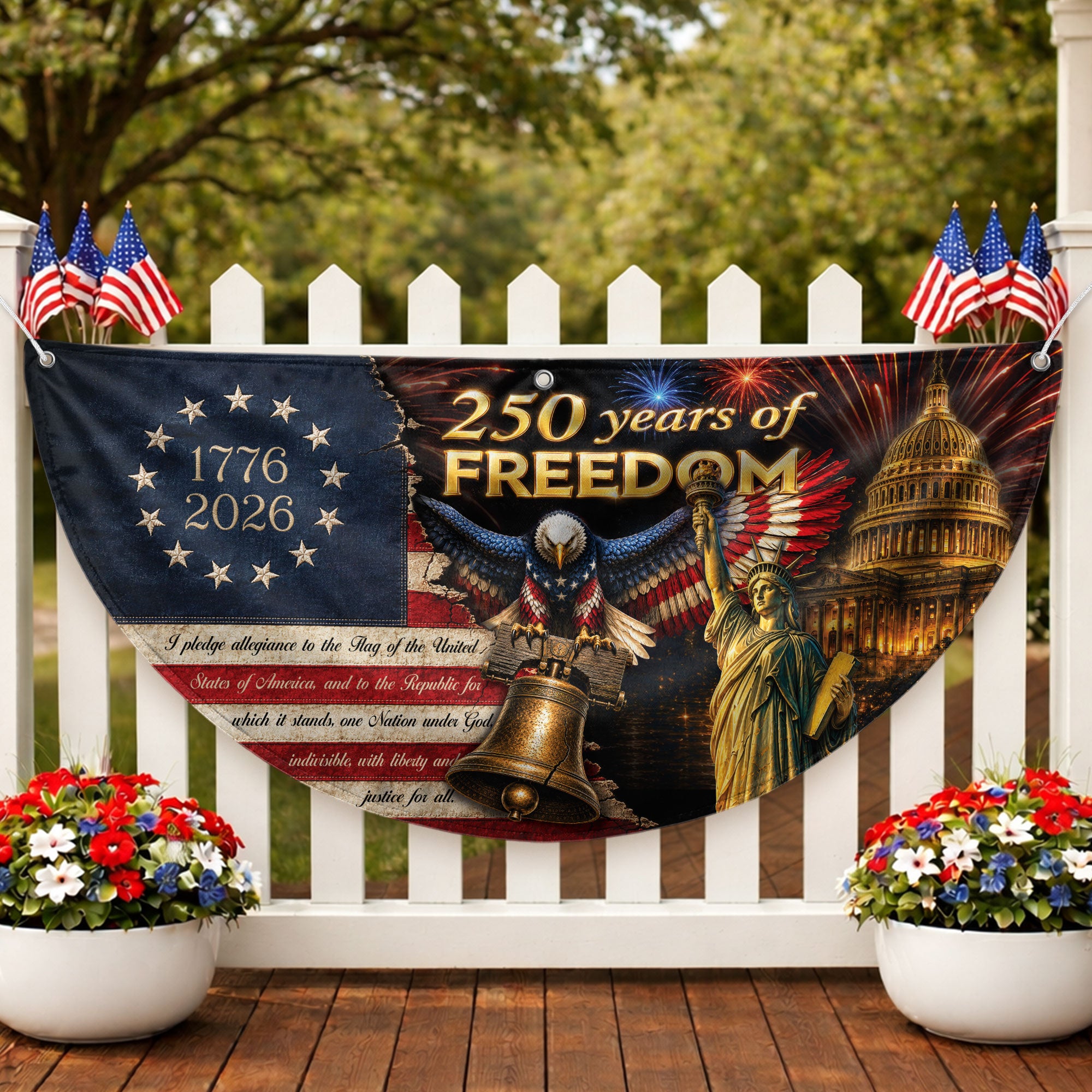250th Anniversary US Fence Flag 1776-2026 Patriotic US Capitol Statue of Liberty Banner