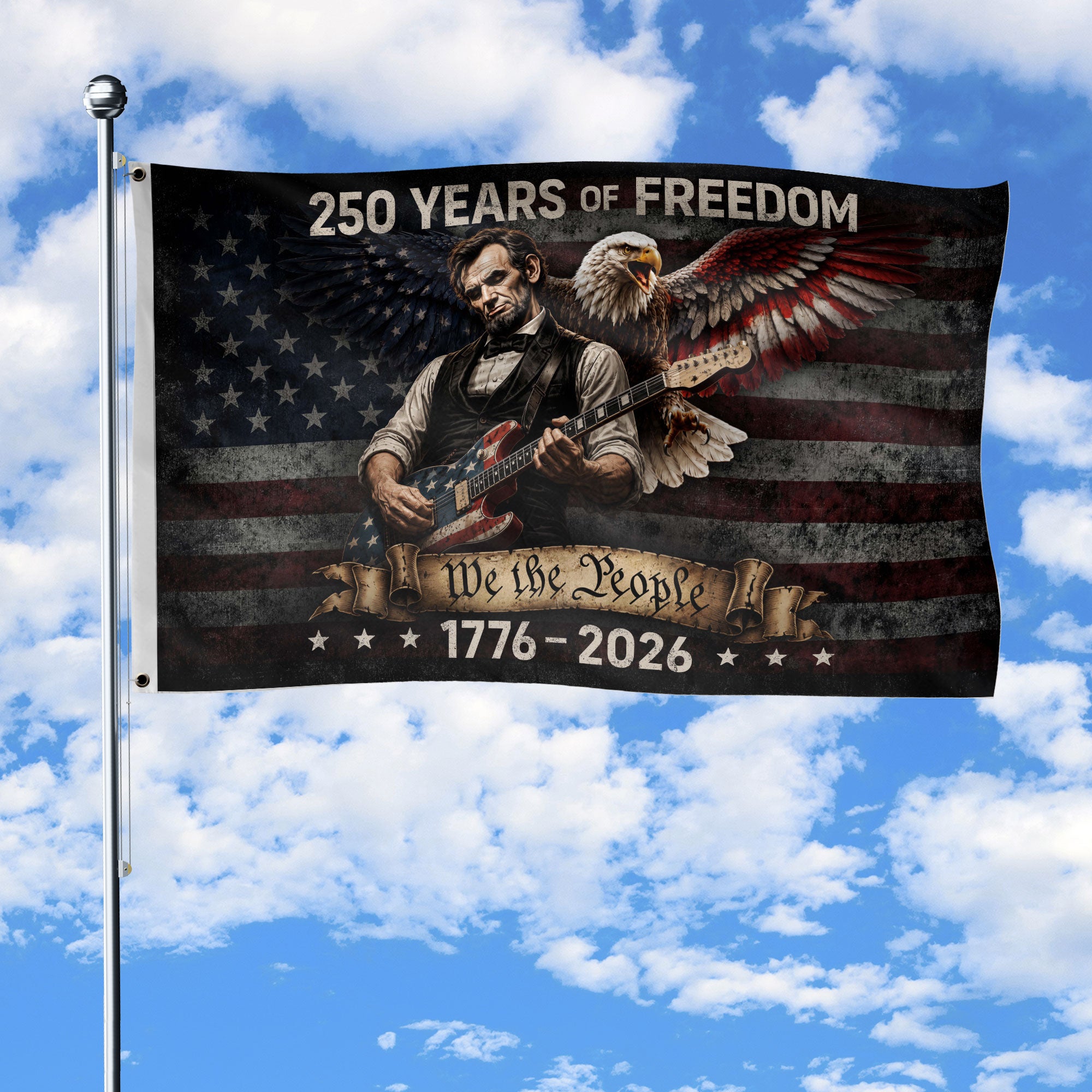 250 Years of Freedom Flag 1776-2026 Abraham Lincoln Guitar Patriotic US Banner