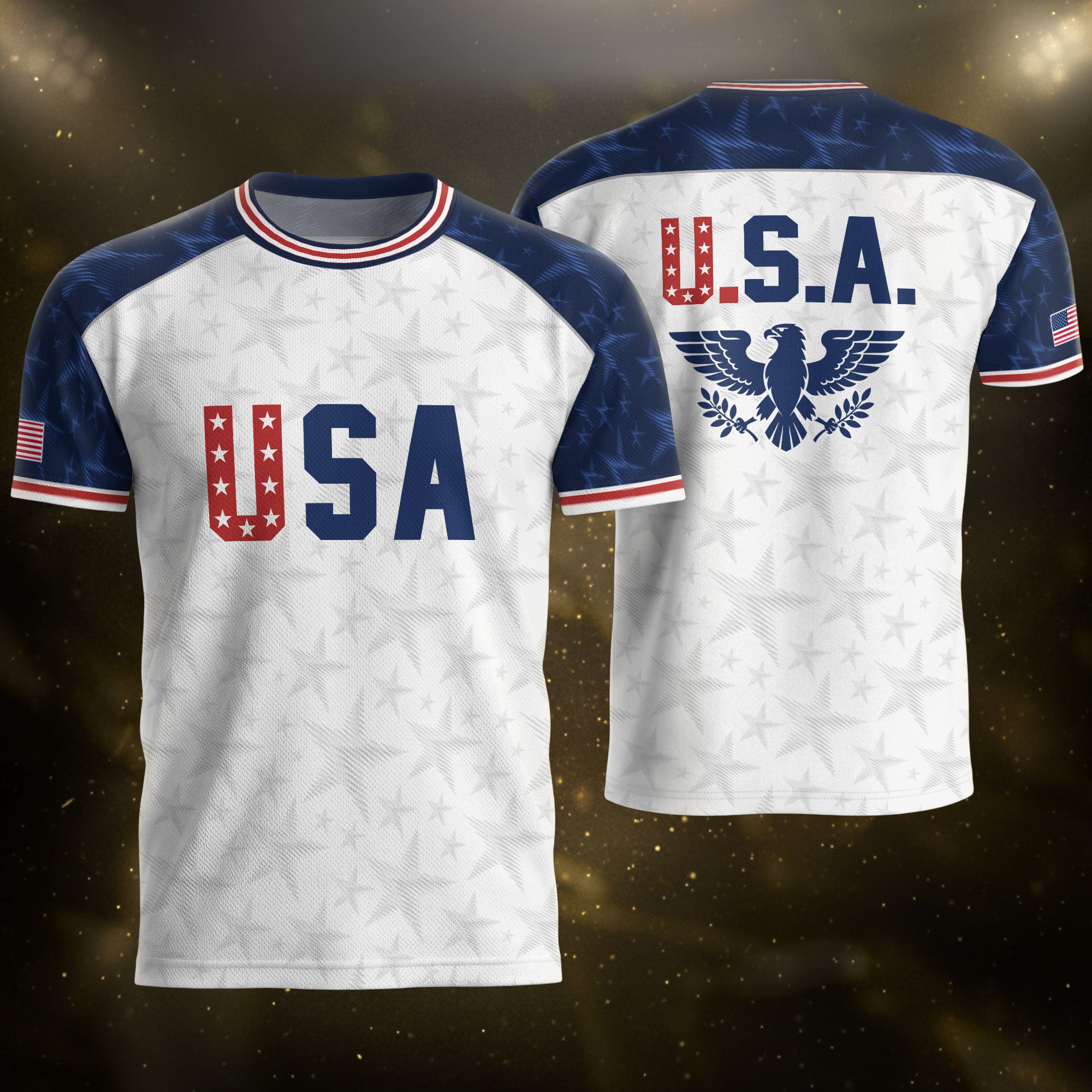 White USA Soccer Jersey Raglan American Flag Shirt Patriotic Eagle Crest Soccer Fan Tee