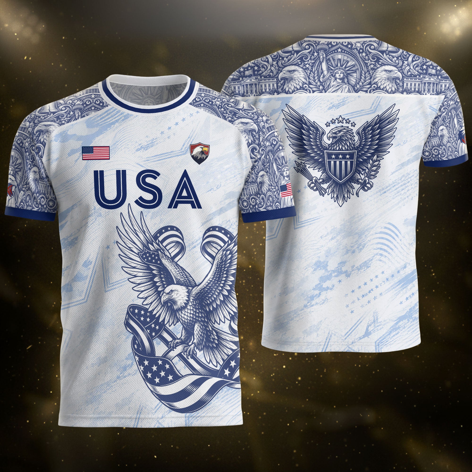 Athletic White Blue USA Soccer Jersey Adult Patriotic Eagle United States Team Shirt