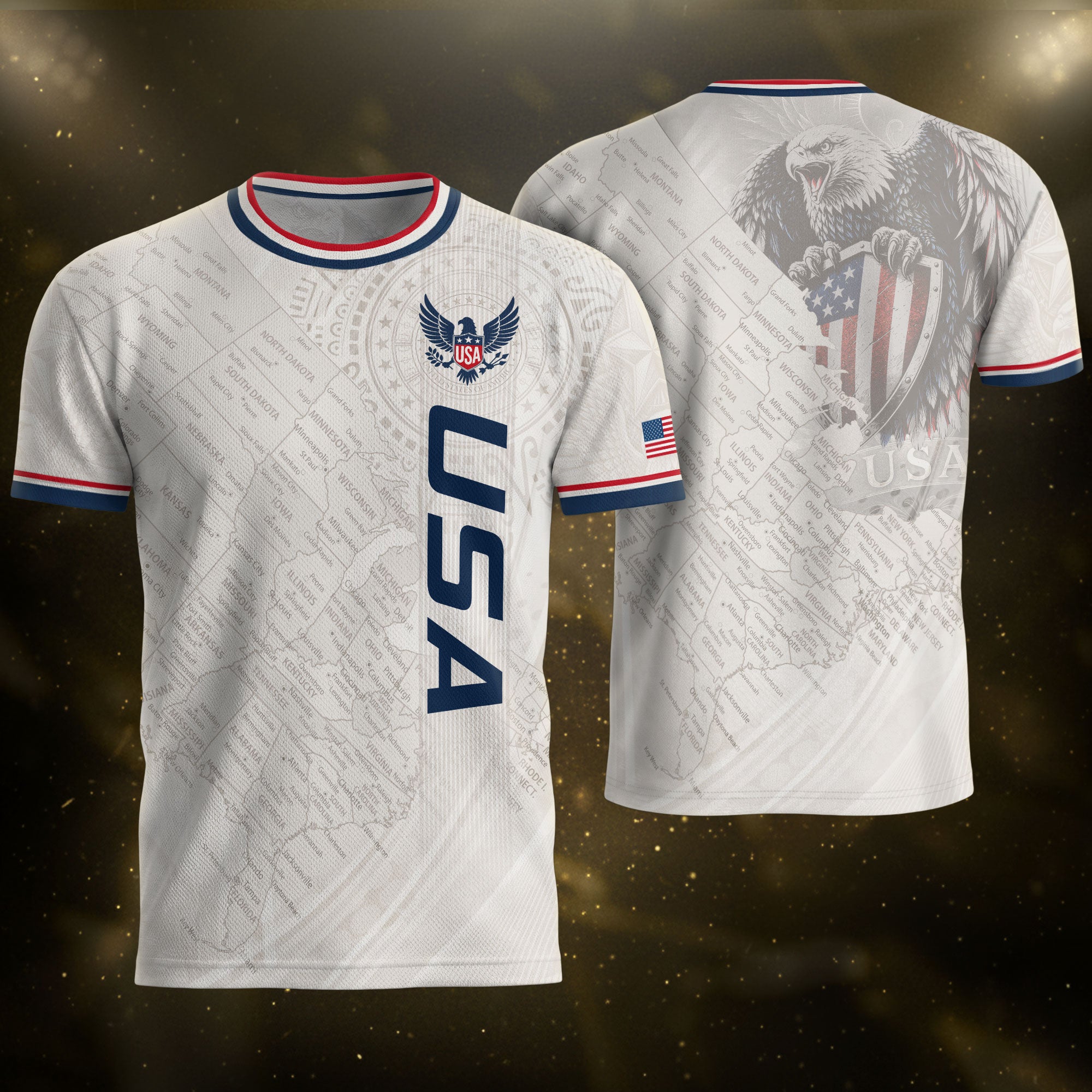USA Soccer Jersey White US Map American Flag Shirt Patriotic Eagle Soccer Fan Tee