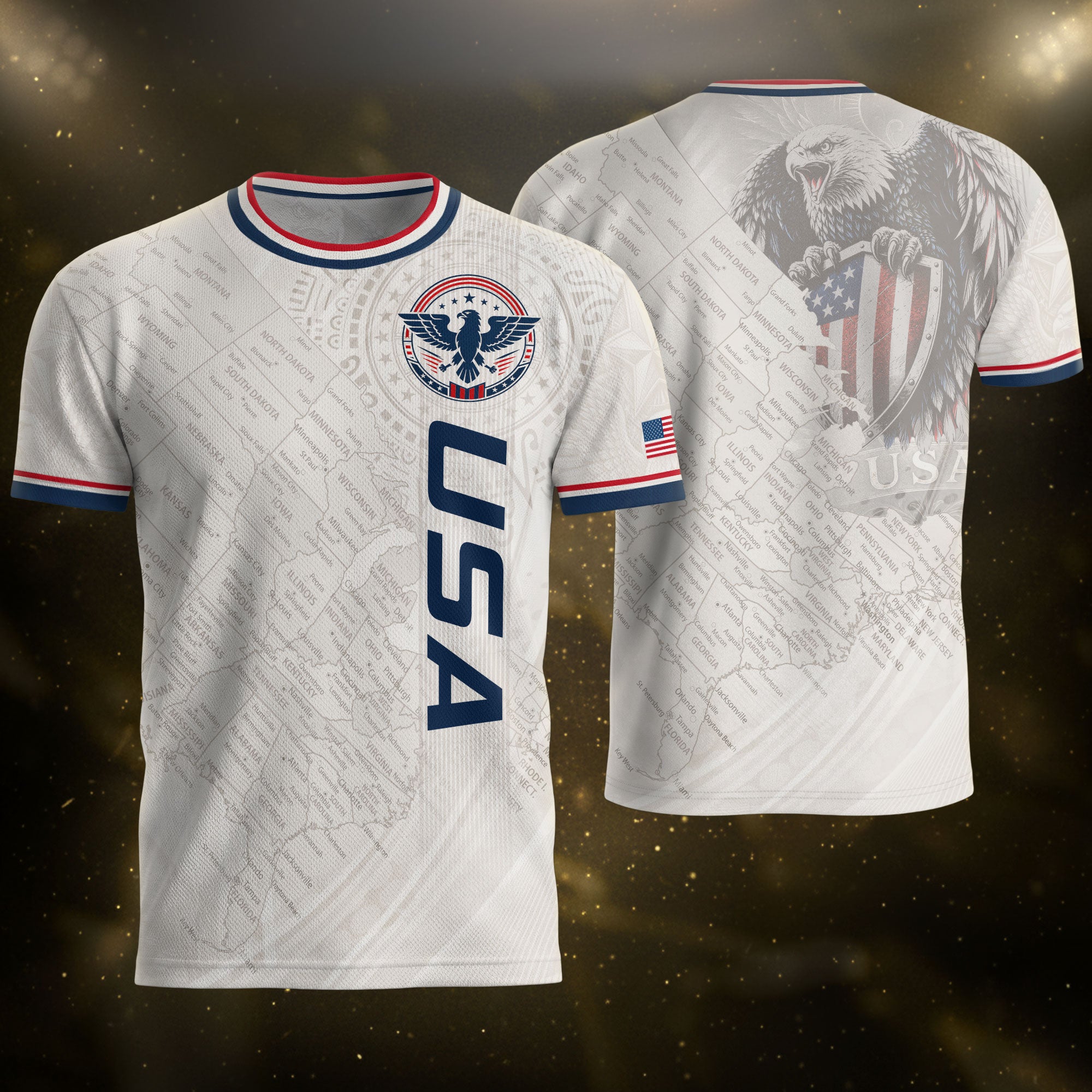 USA Soccer Jersey White US Map American Flag Shirt Patriotic Eagle Soccer Fan Tee