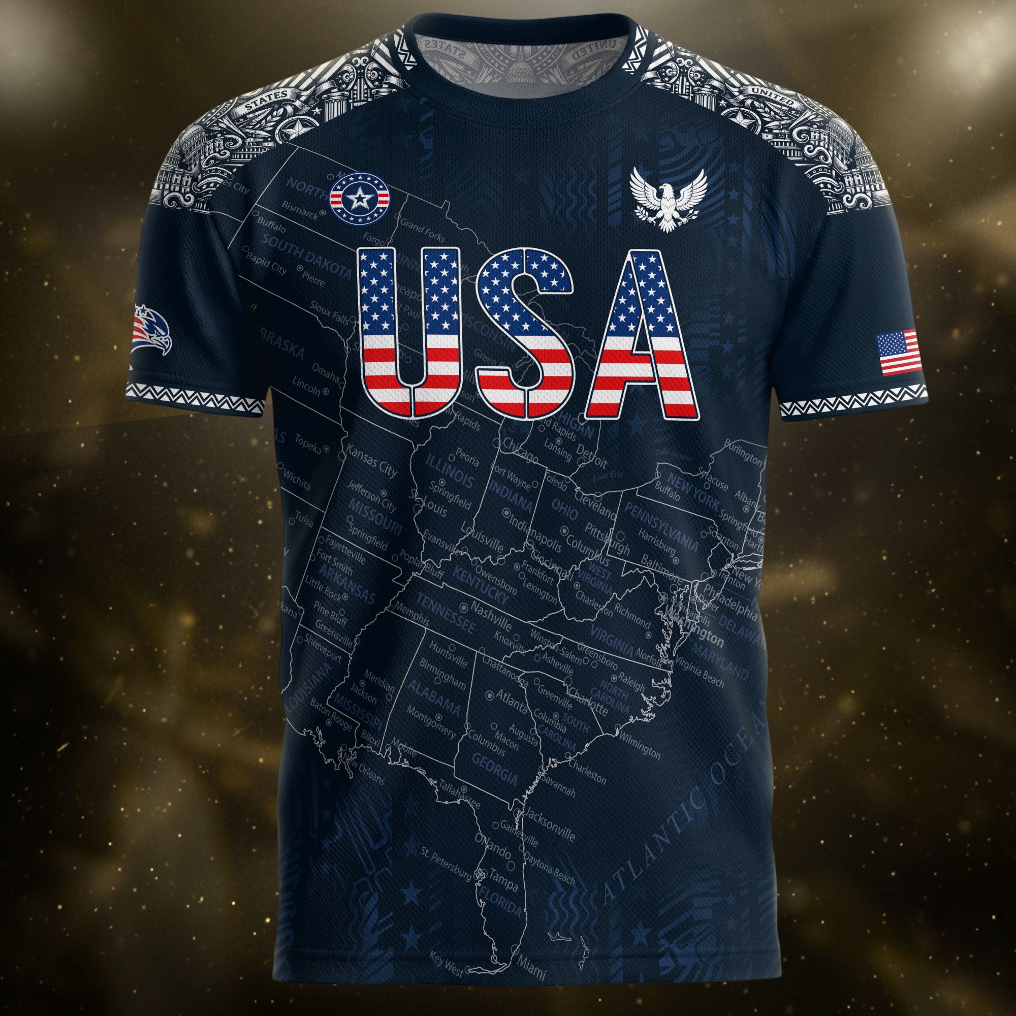 Navy USA Soccer Jersey Flag Pattern US Map American Shirt Patriotic Stars Stripes