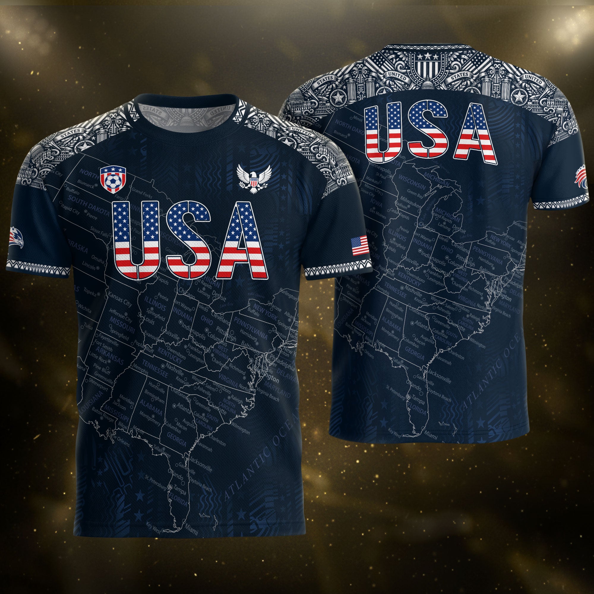 Navy USA Soccer Jersey Flag Pattern US Map American Shirt Patriotic Stars Stripes