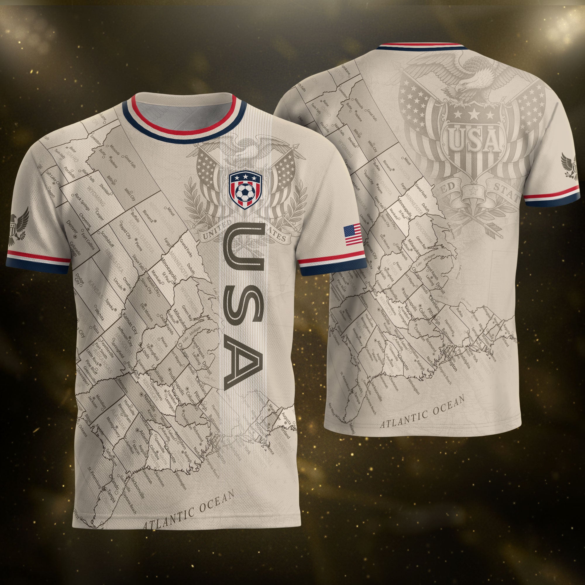 USA Soccer Jersey Navy Vintage US Map American Flag Shirt Patriotic Beige Soccer Fan