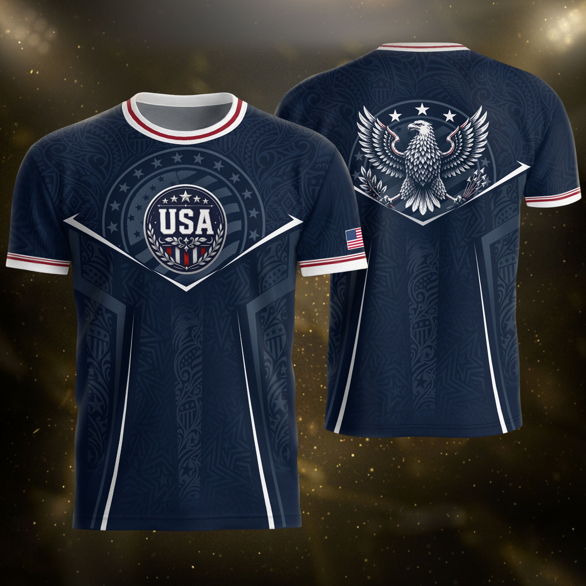 USA Soccer Jersey Navy Blue American Flag Shirt Patriotic Eagle Shield Fan Tee
