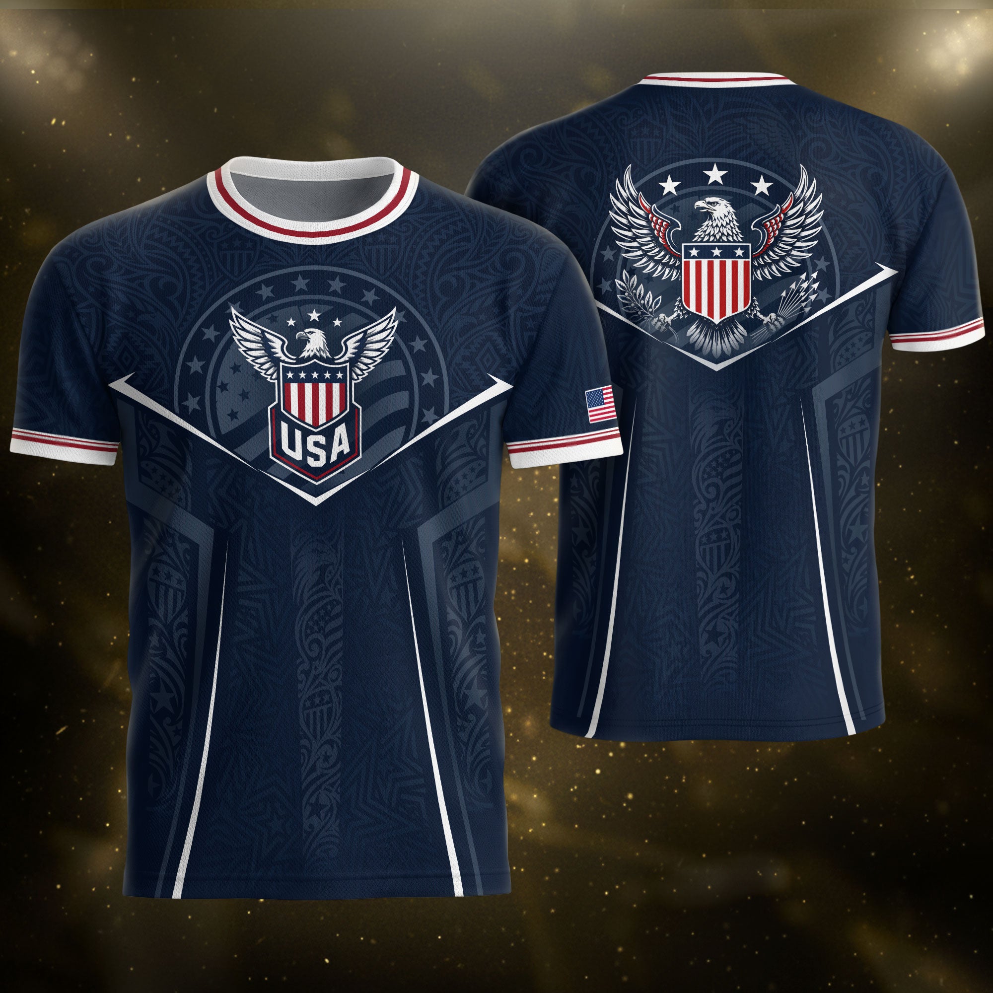 USA Soccer Jersey Navy Blue American Flag Shirt Patriotic Eagle Shield Fan Tee