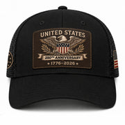 US 250th Anniversary Trucker Hat Vintage American Eagle Leather Patch Black Cap