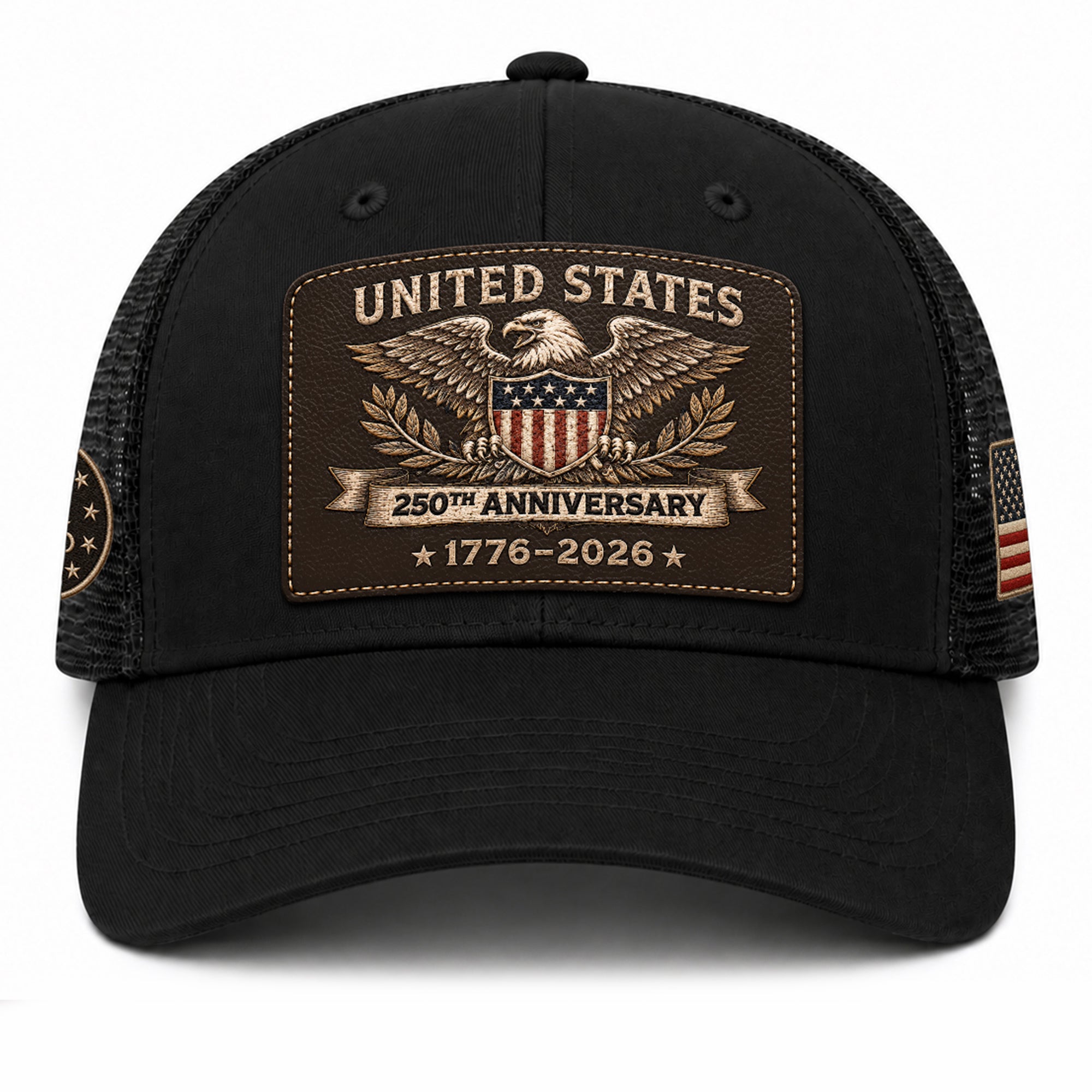 US 250th Anniversary Trucker Hat Vintage American Eagle Leather Patch Black Cap