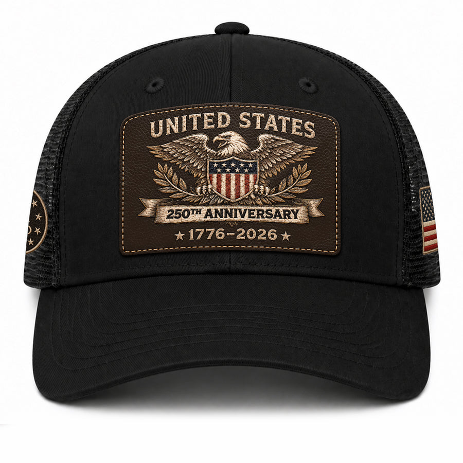 US 250th Anniversary Trucker Hat Vintage American Eagle Leather Patch Black Cap