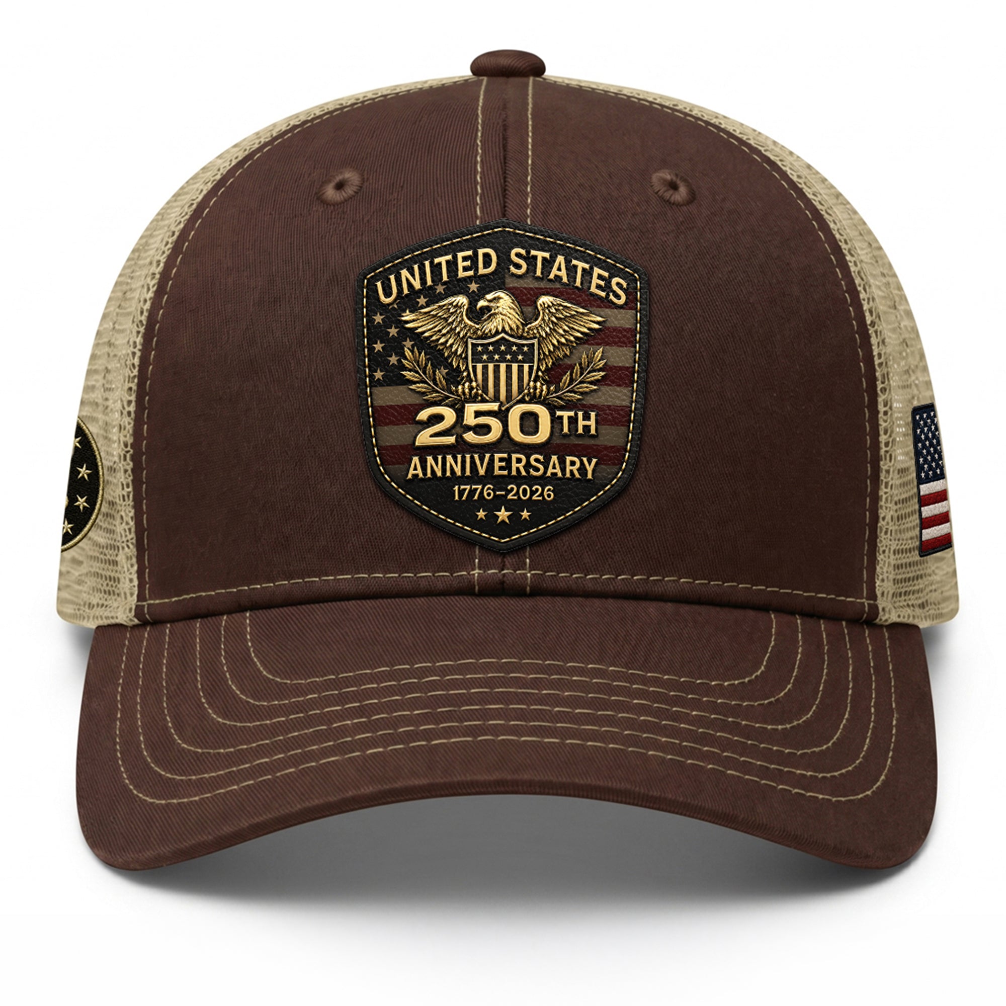 US 250th Anniversary Leather Patch Hat - Patriotic 1776-2026 American Flag Trucker Cap