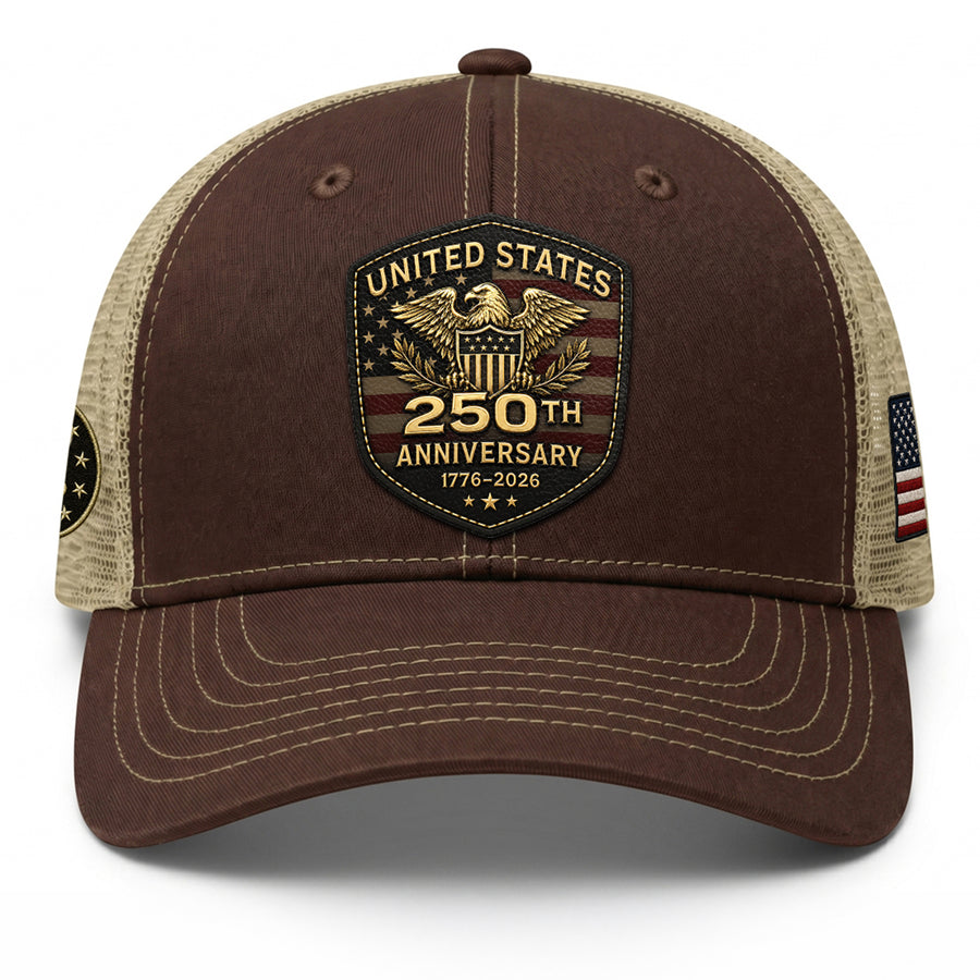 US 250th Anniversary Leather Patch Hat - Patriotic 1776-2026 American Flag Trucker Cap