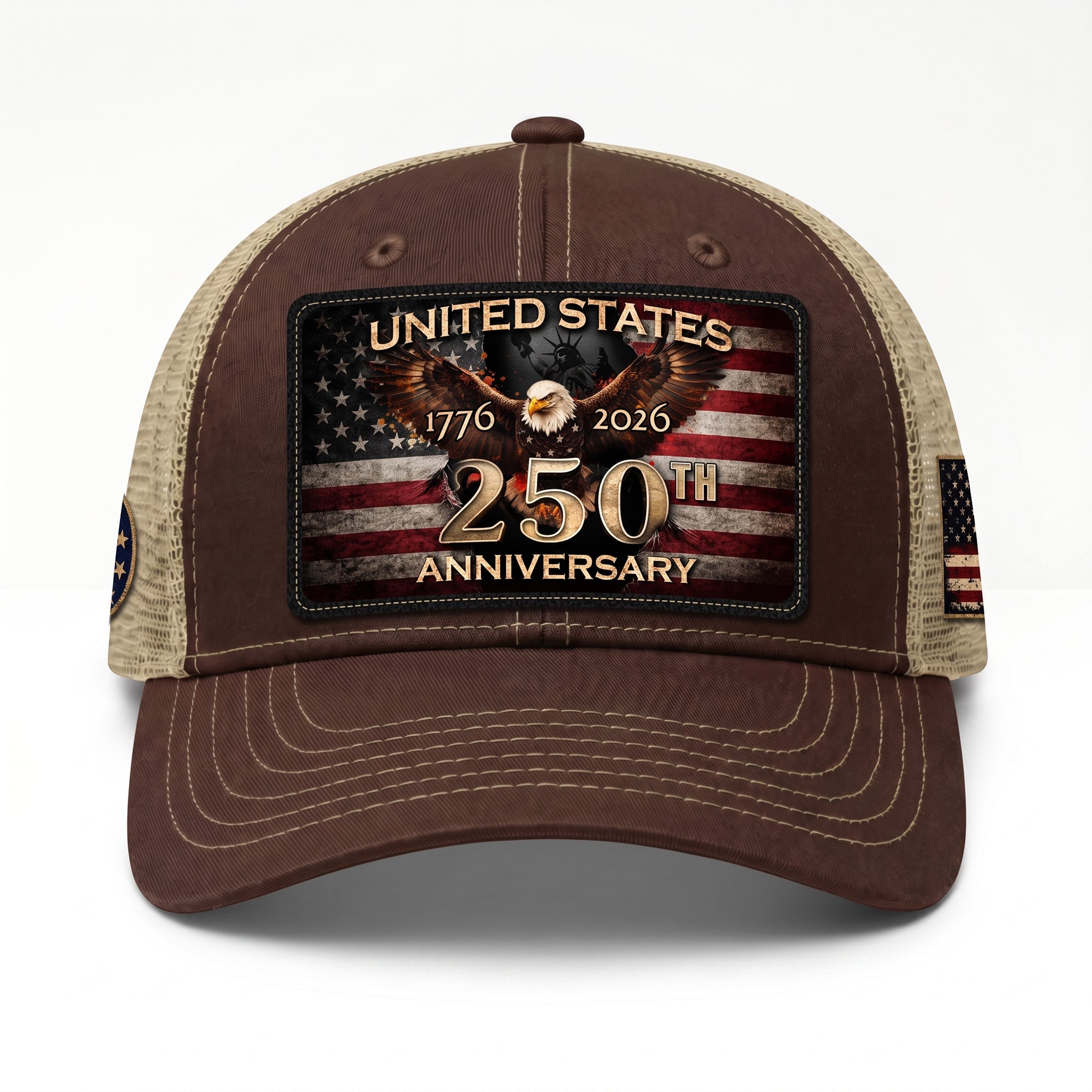 1776-2026 USA Commemorative Leather Patch Trucker Hat Majestic Eagle Mesh Back Cap