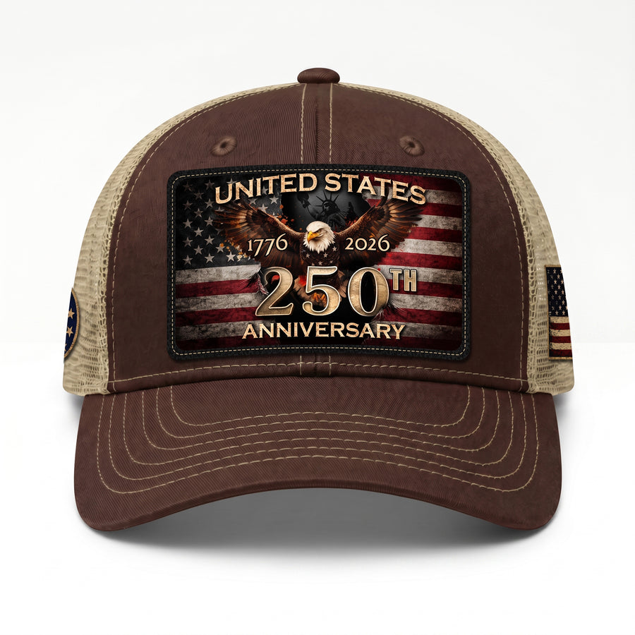 1776-2026 USA Commemorative Leather Patch Trucker Hat Majestic Eagle Mesh Back Cap