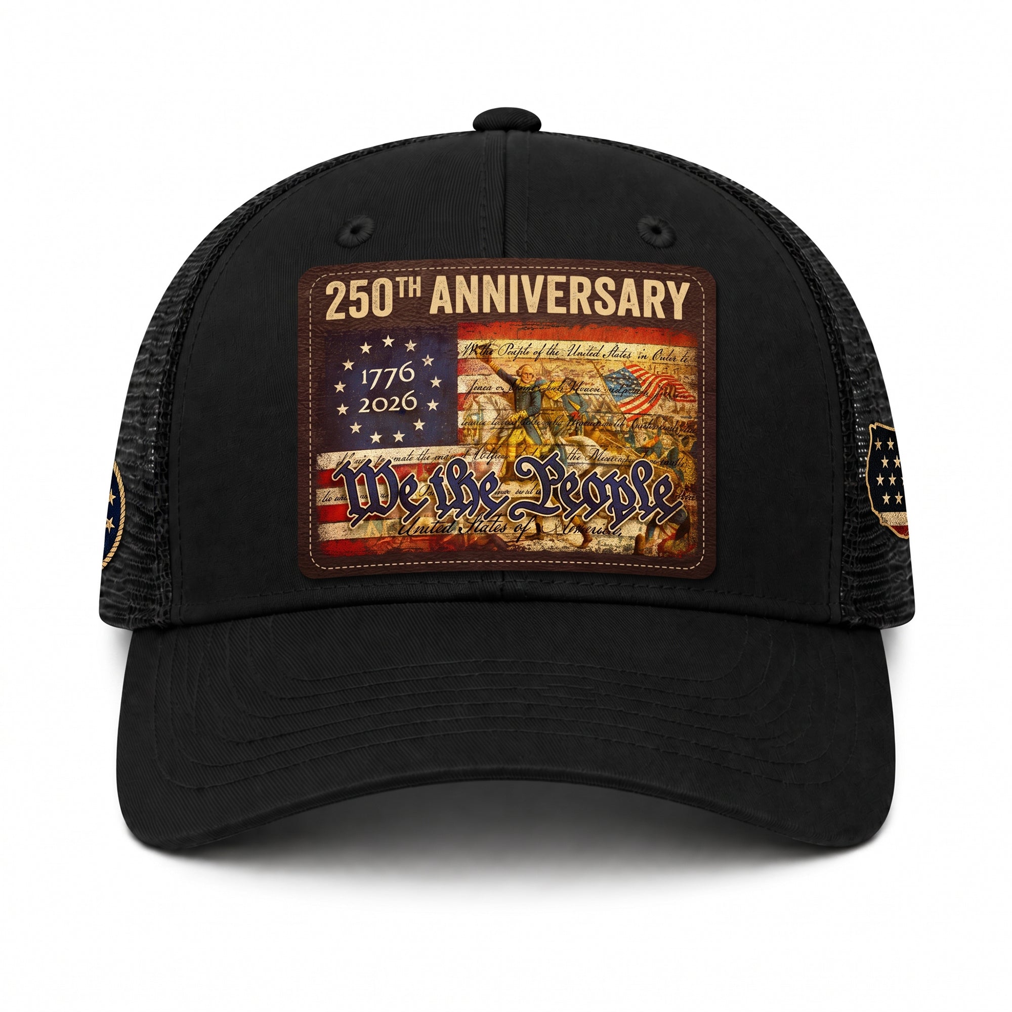 USA 250th Anniversary We The People Leather Patch Trucker Hat Patriotic Mesh Cap