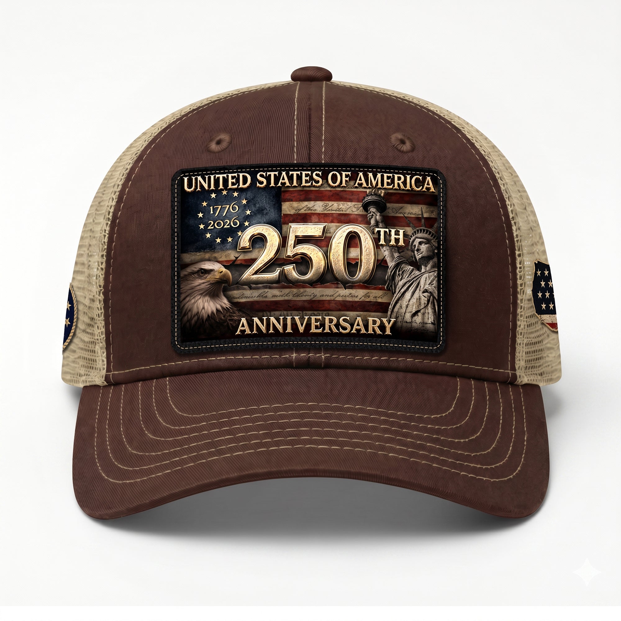 USA 250th Anniversary Leather Patch Trucker Hat Eagle & Statue of Liberty Mesh Cap